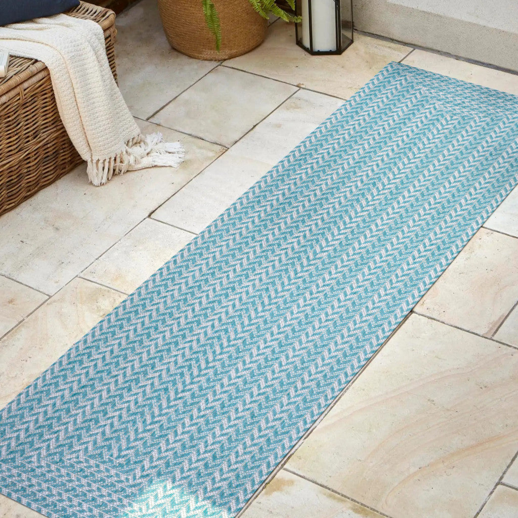 8' Aqua And Light Gray Striped Indoor Outdoor Runner Rug - GreatEagleInc