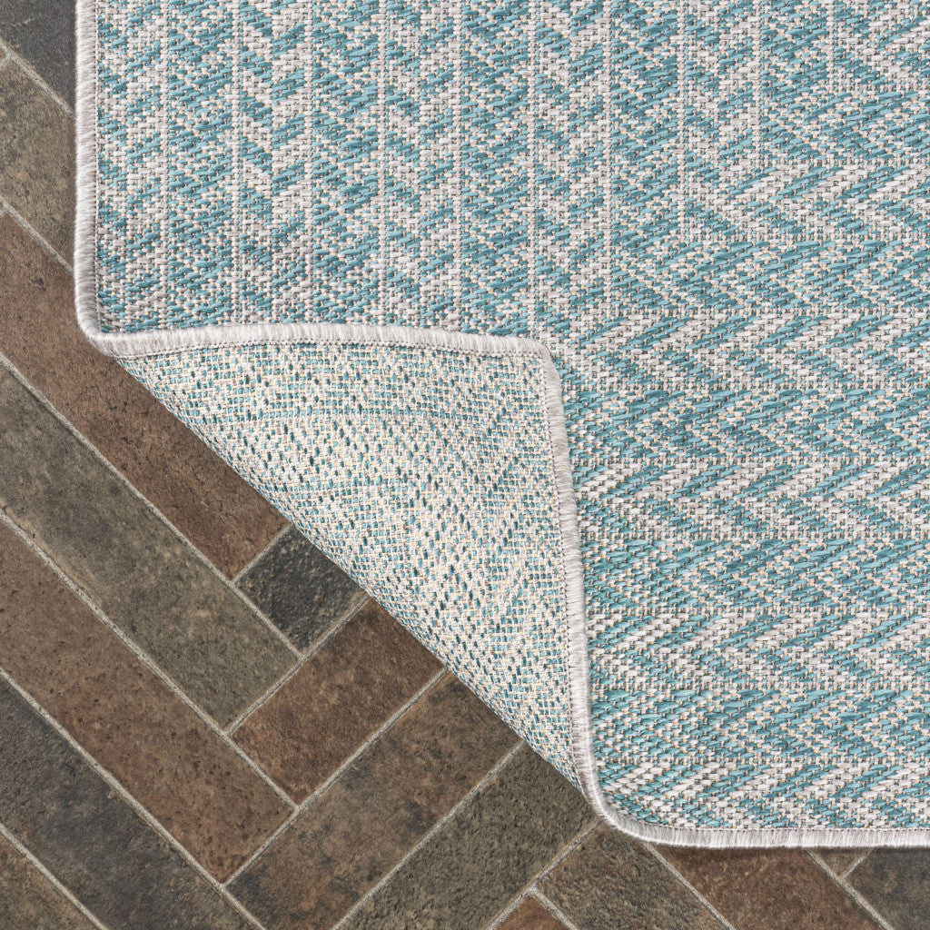 8' Aqua And Light Gray Striped Indoor Outdoor Runner Rug - GreatEagleInc