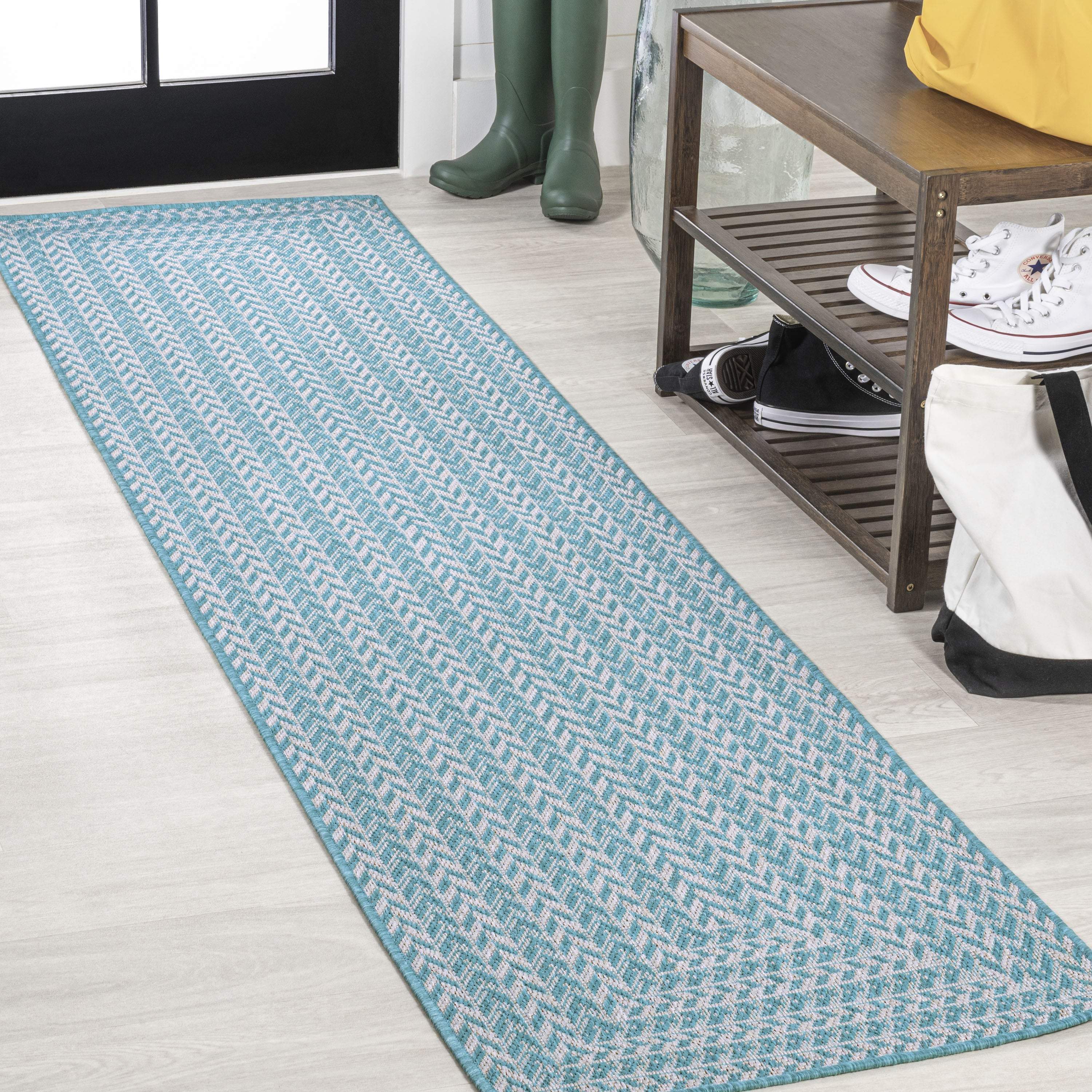 8' Aqua And Light Gray Striped Indoor Outdoor Runner Rug - GreatEagleInc