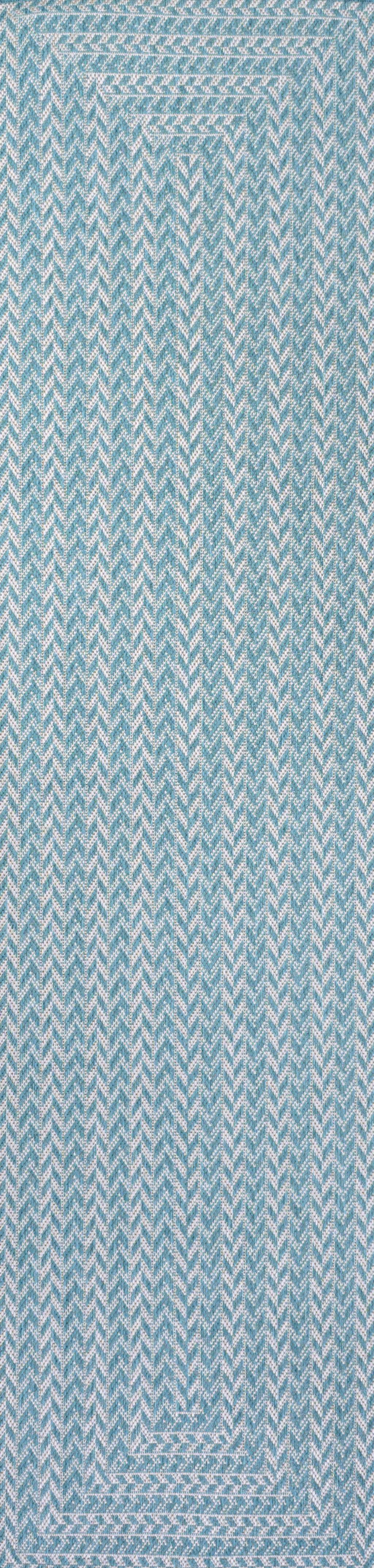 8' Aqua And Light Gray Striped Indoor Outdoor Runner Rug - GreatEagleInc