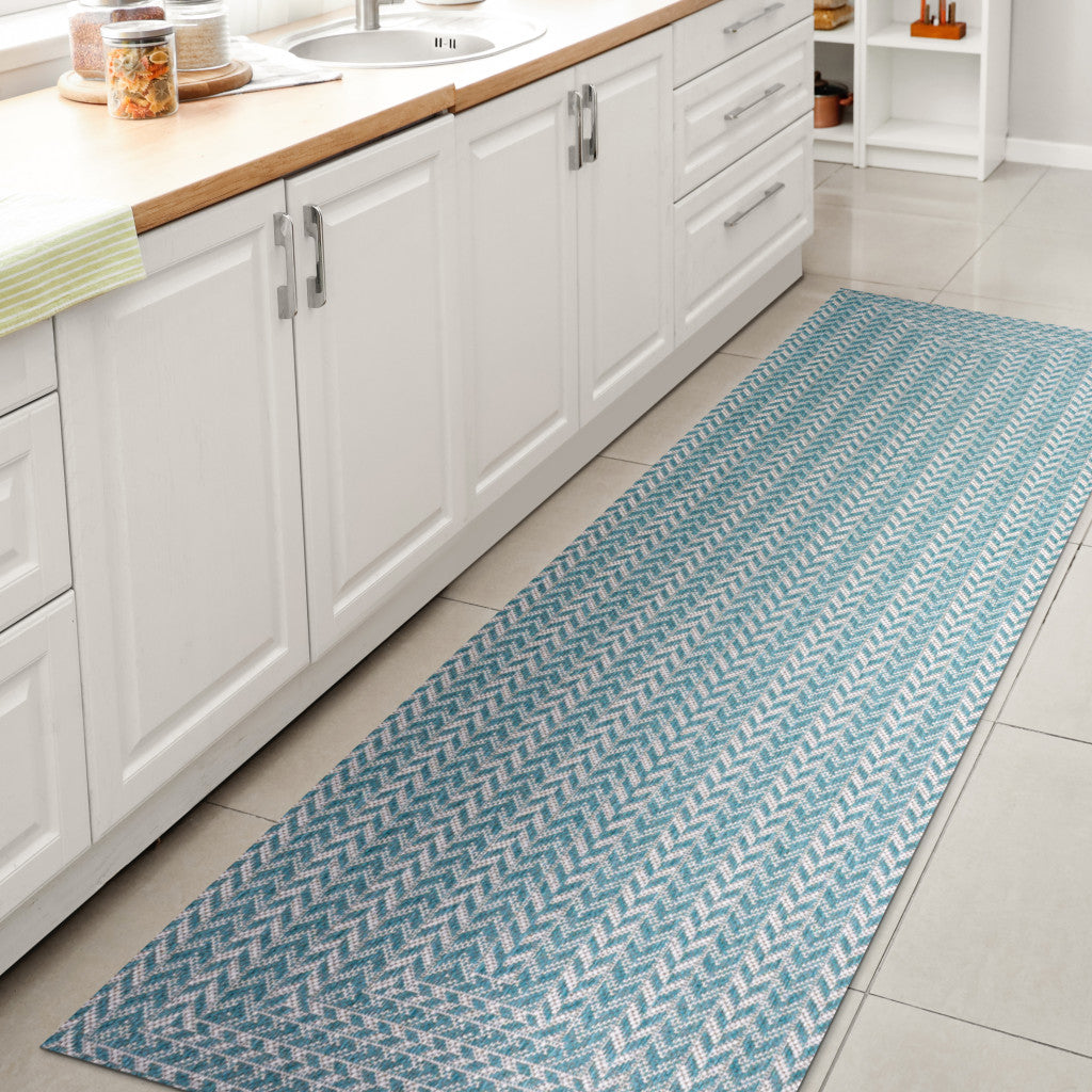 8' Aqua And Light Gray Striped Indoor Outdoor Runner Rug - GreatEagleInc