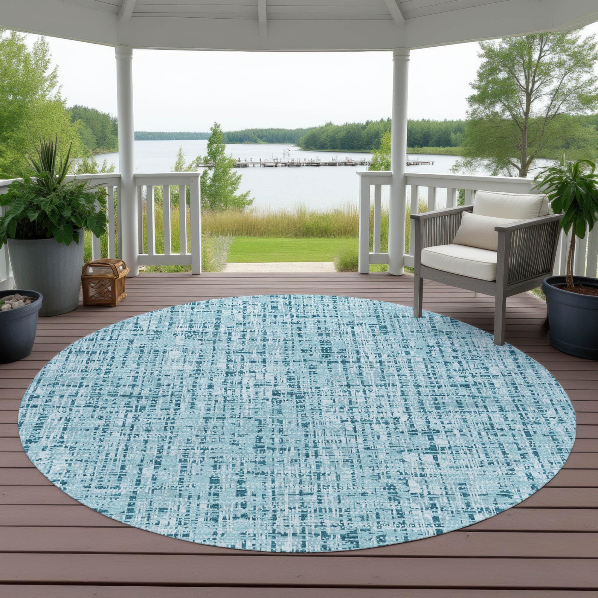 8' Aqua And Teal Blue Round Abstract Washable Indoor Outdoor Area Rug Homeroots Outdoor