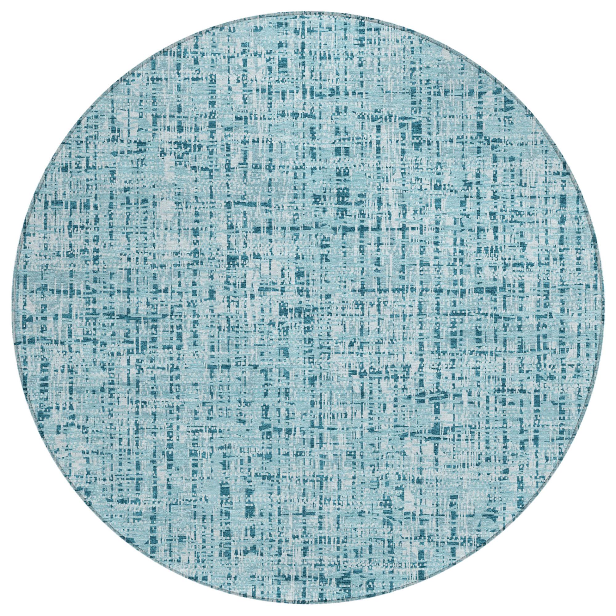 8' Aqua And Teal Blue Round Abstract Washable Indoor Outdoor Area Rug Homeroots Outdoor
