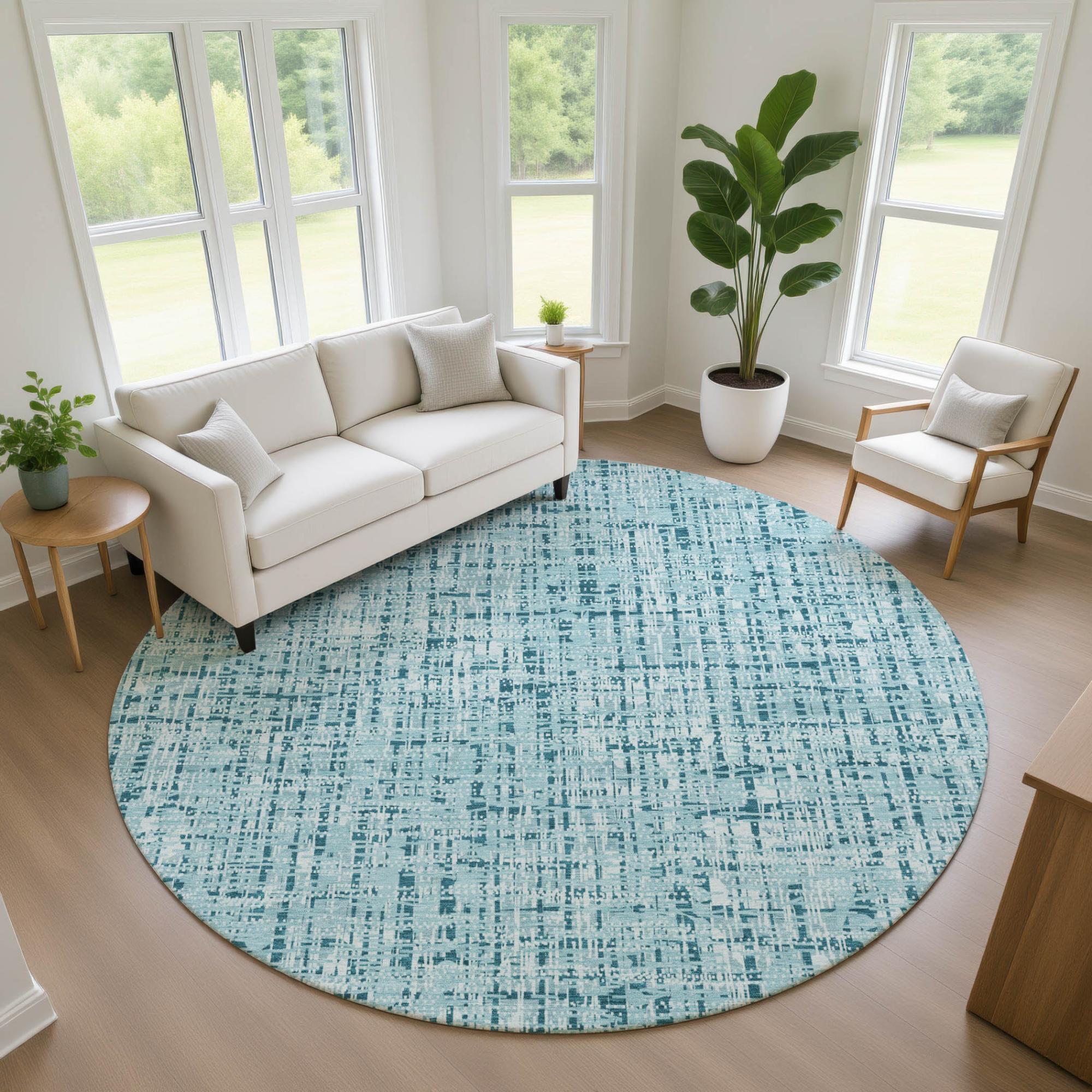 8' Aqua And Teal Blue Round Abstract Washable Indoor Outdoor Area Rug Homeroots Outdoor