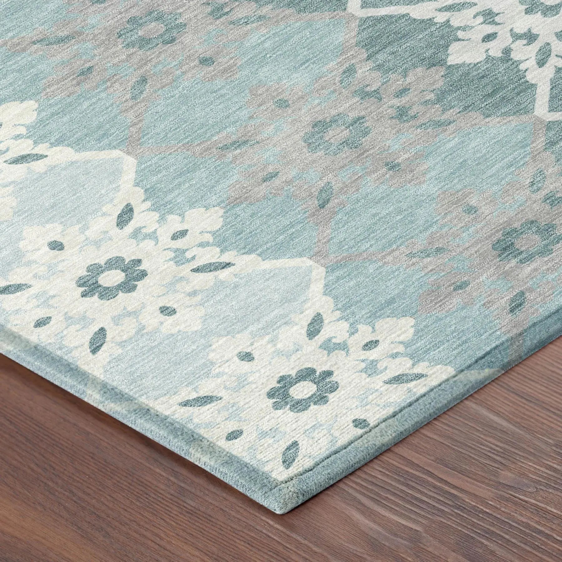 8' Aqua And Teal Blue Round Floral Medallion Washable Indoor Outdoor Area Rug Homeroots Outdoor