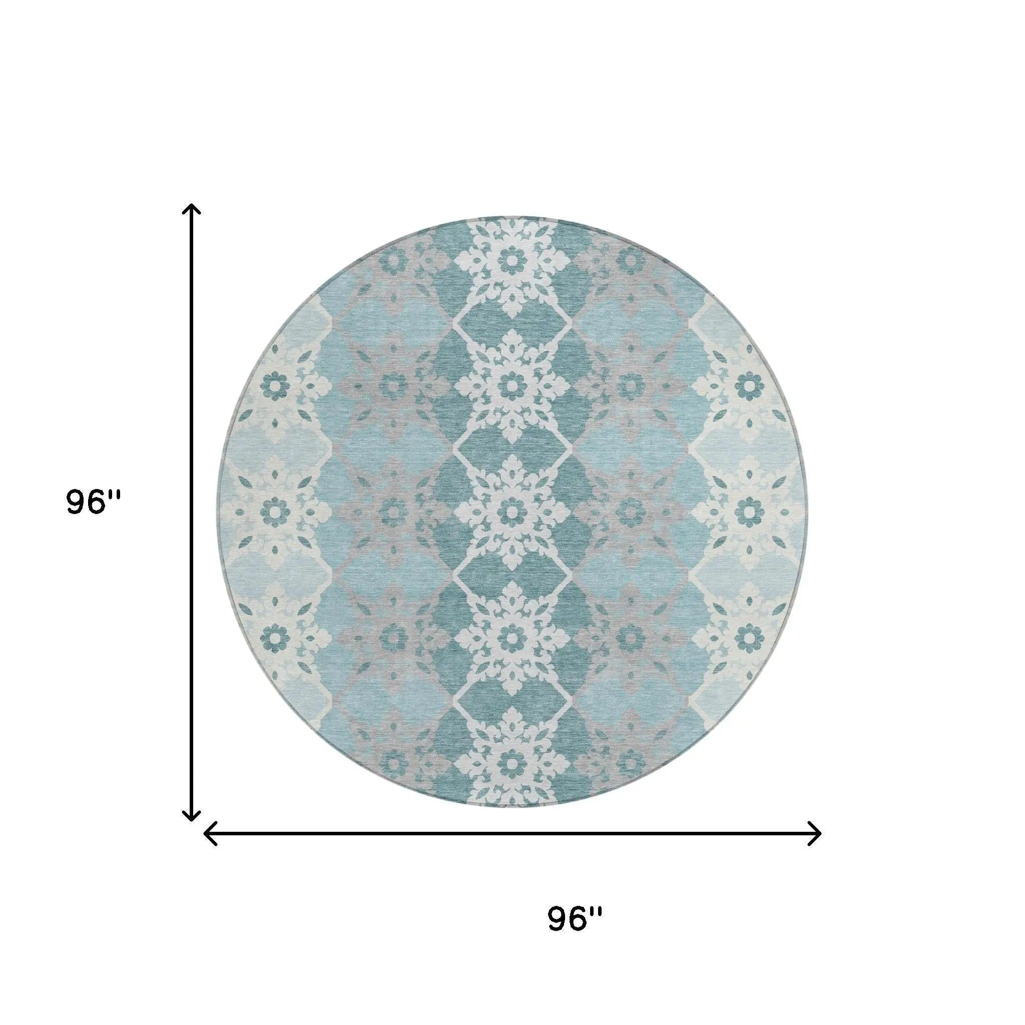 8' Aqua And Teal Blue Round Floral Medallion Washable Indoor Outdoor Area Rug Homeroots Outdoor