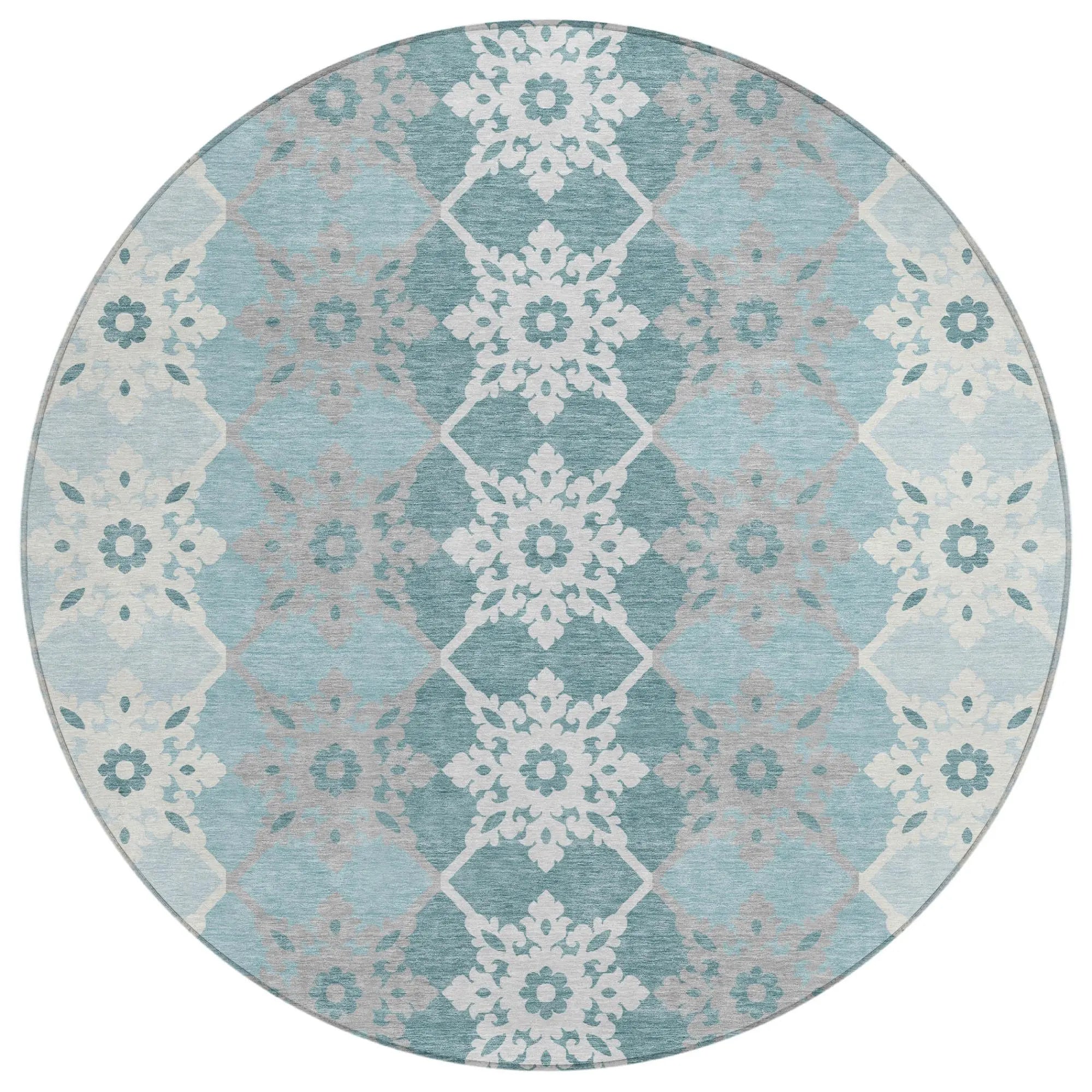 8' Aqua And Teal Blue Round Floral Medallion Washable Indoor Outdoor Area Rug Homeroots Outdoor