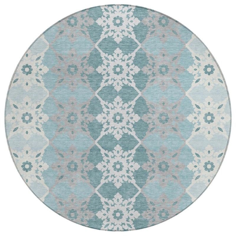8' Aqua And Teal Blue Round Floral Medallion Washable Indoor Outdoor Area Rug Homeroots Outdoor