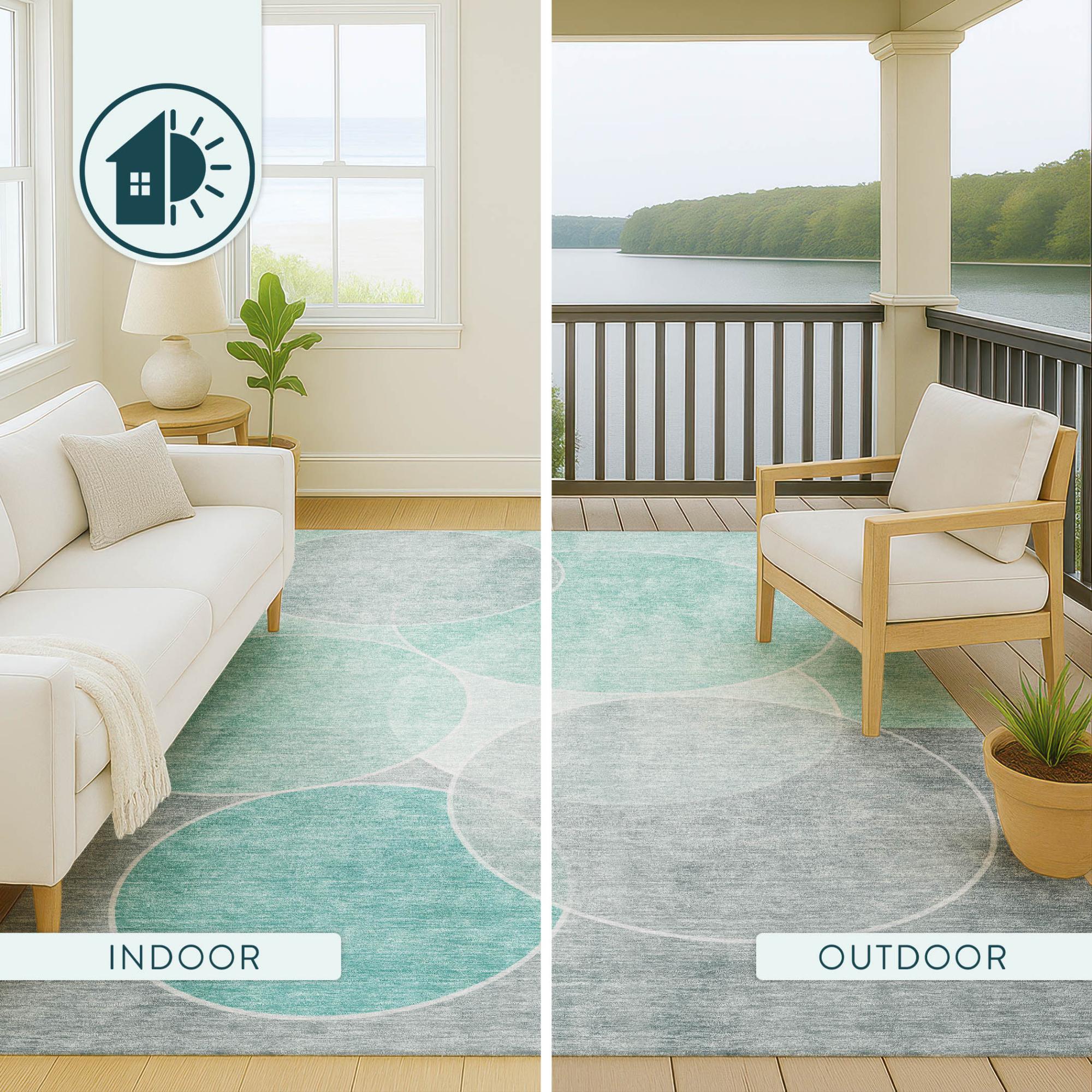 8' Aqua And Teal Blue Round Geometric Washable Indoor Outdoor Area Rug Homeroots Outdoor