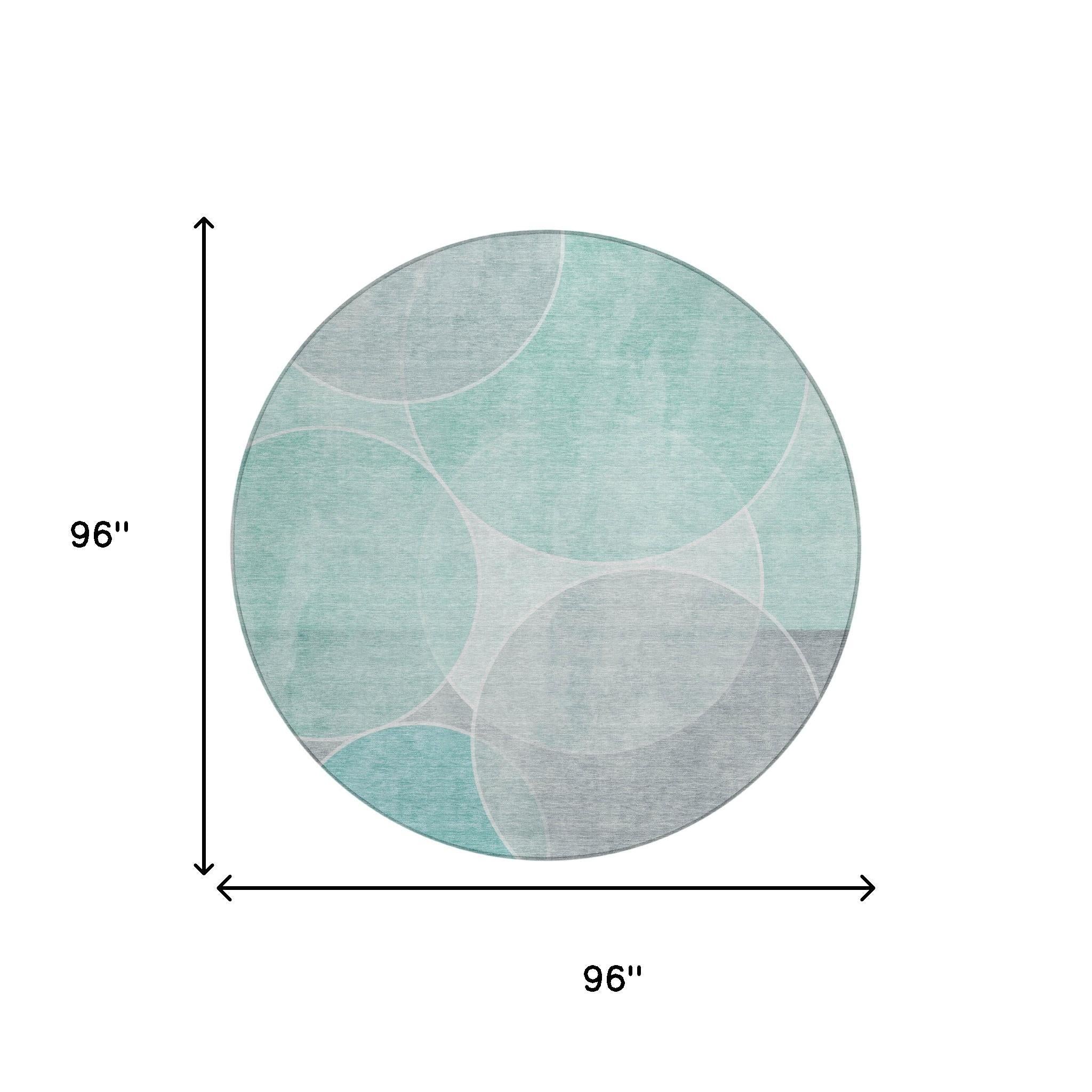 8' Aqua And Teal Blue Round Geometric Washable Indoor Outdoor Area Rug Homeroots Outdoor