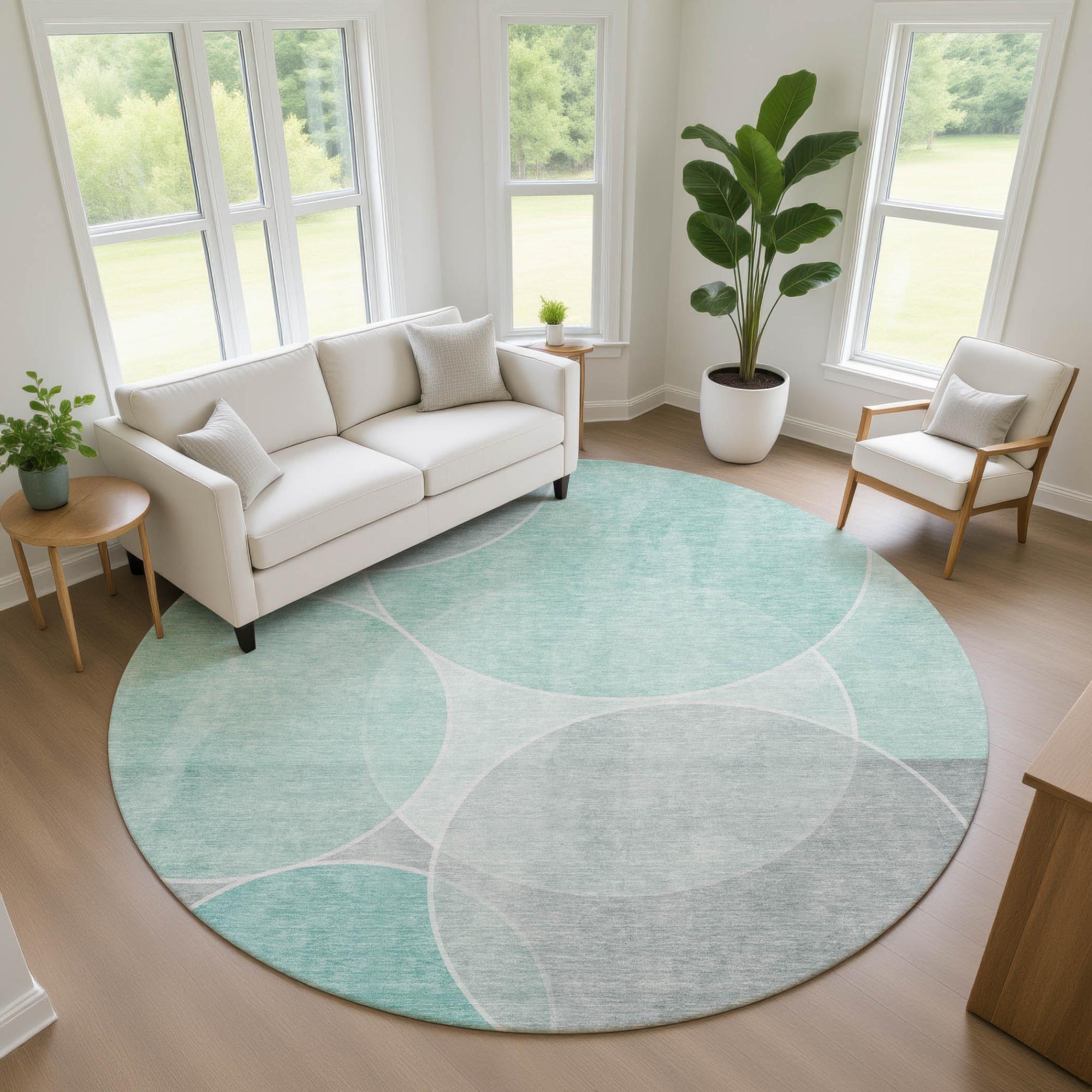 8' Aqua And Teal Blue Round Geometric Washable Indoor Outdoor Area Rug Homeroots Outdoor