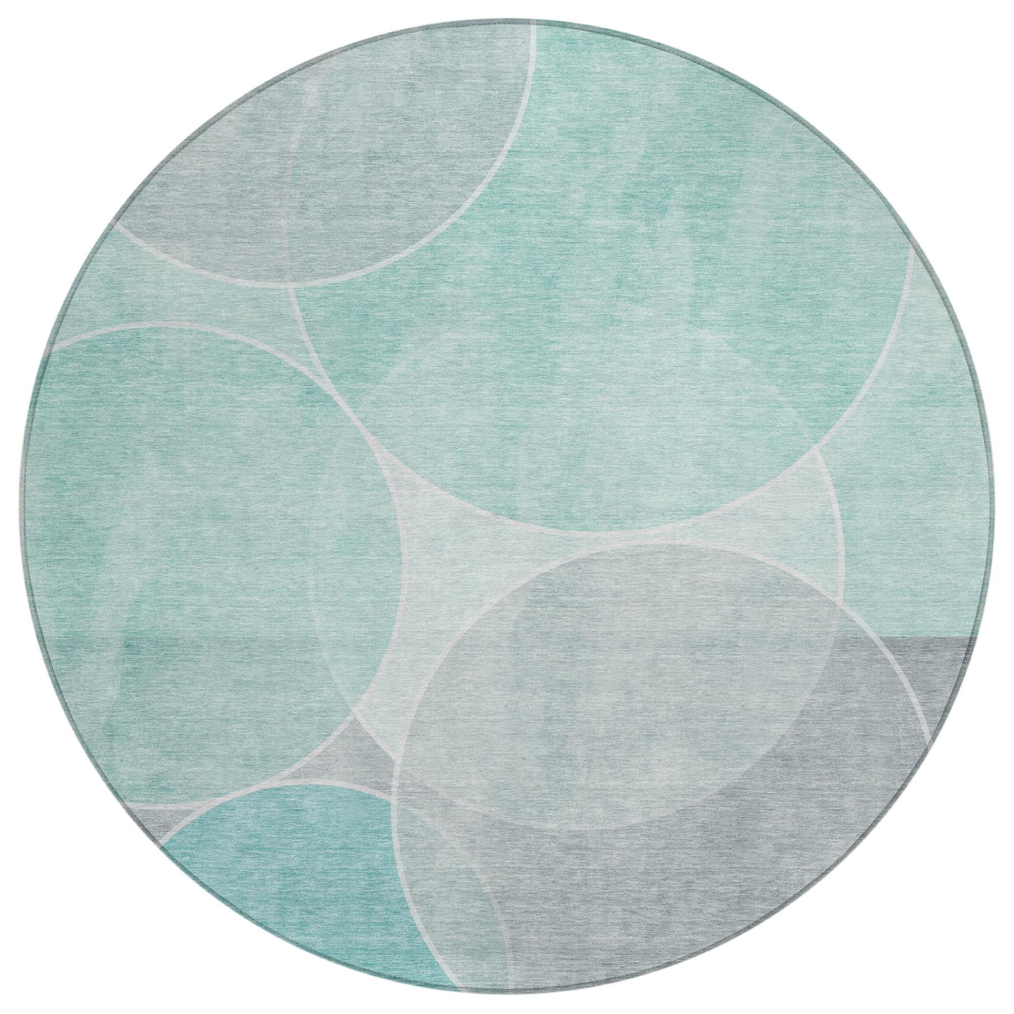 8' Aqua And Teal Blue Round Geometric Washable Indoor Outdoor Area Rug Homeroots Outdoor