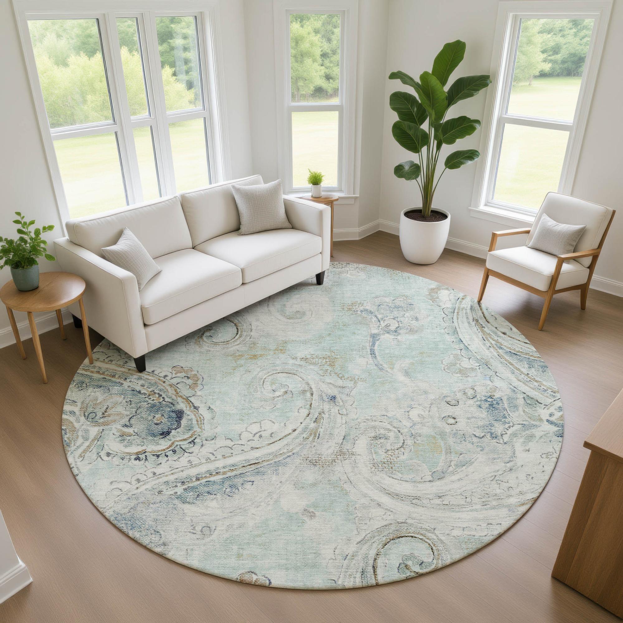8' Aqua And Teal Blue Round Paisley Washable Indoor Outdoor Area Rug Homeroots Outdoor