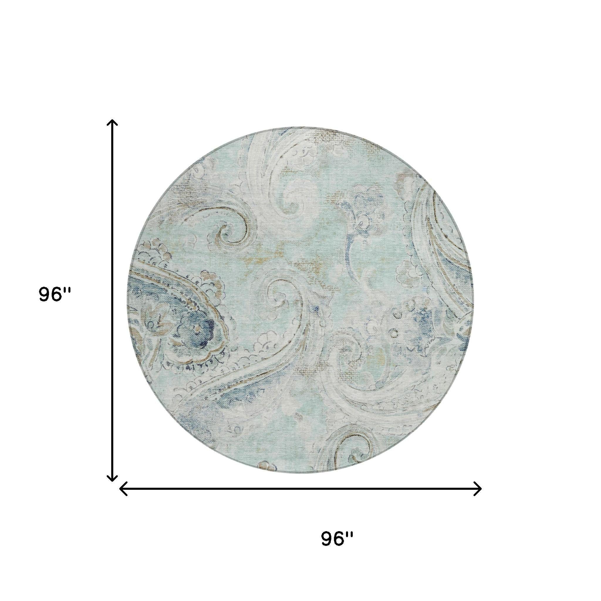 8' Aqua And Teal Blue Round Paisley Washable Indoor Outdoor Area Rug Homeroots Outdoor