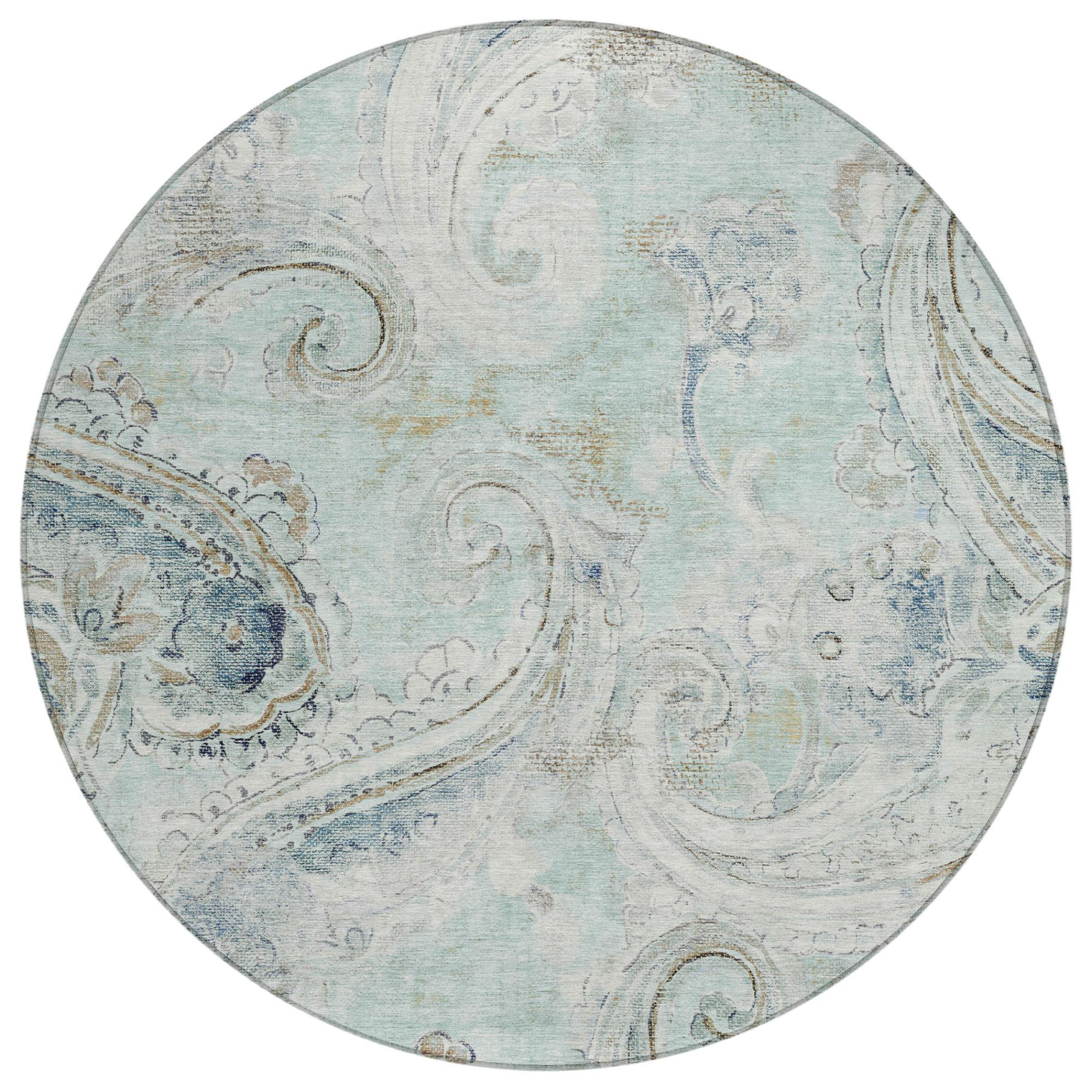 8' Aqua And Teal Blue Round Paisley Washable Indoor Outdoor Area Rug Homeroots Outdoor