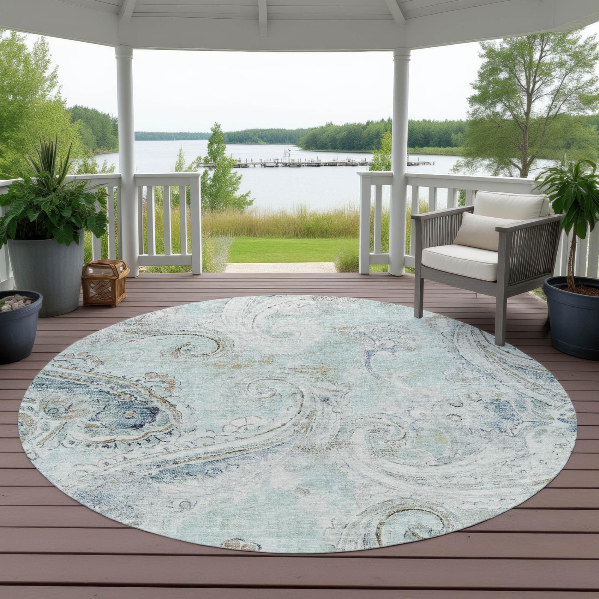 8' Aqua And Teal Blue Round Paisley Washable Indoor Outdoor Area Rug Homeroots Outdoor