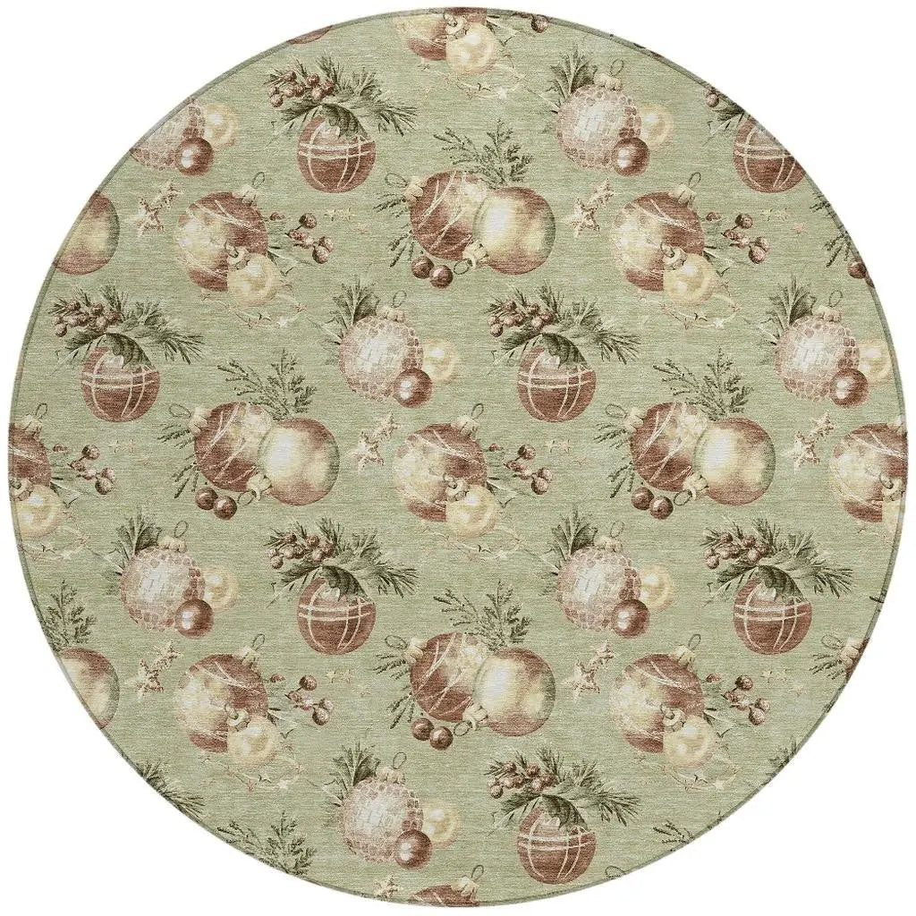 8' Artichoke Green Brown And Beige Round Stars Washable Indoor Outdoor Area Rug Homeroots Outdoor