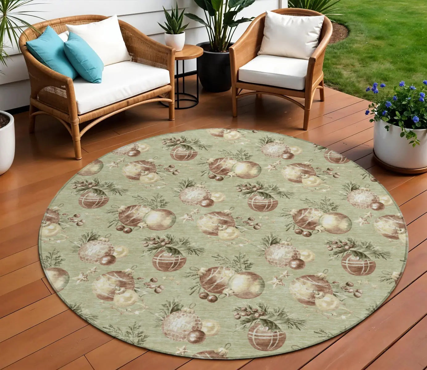8' Artichoke Green Brown And Beige Round Stars Washable Indoor Outdoor Area Rug Homeroots Outdoor