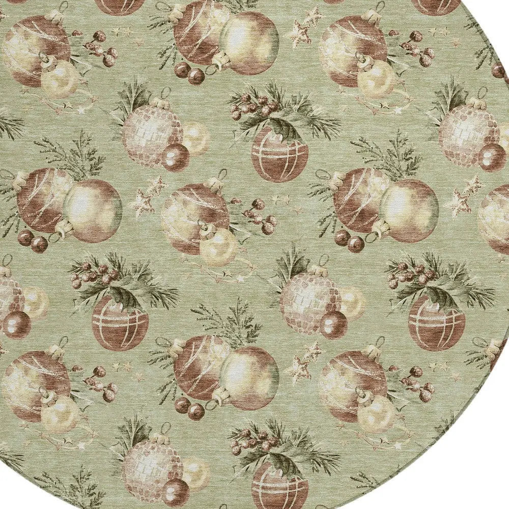 8' Artichoke Green Brown And Beige Round Stars Washable Indoor Outdoor Area Rug Homeroots Outdoor