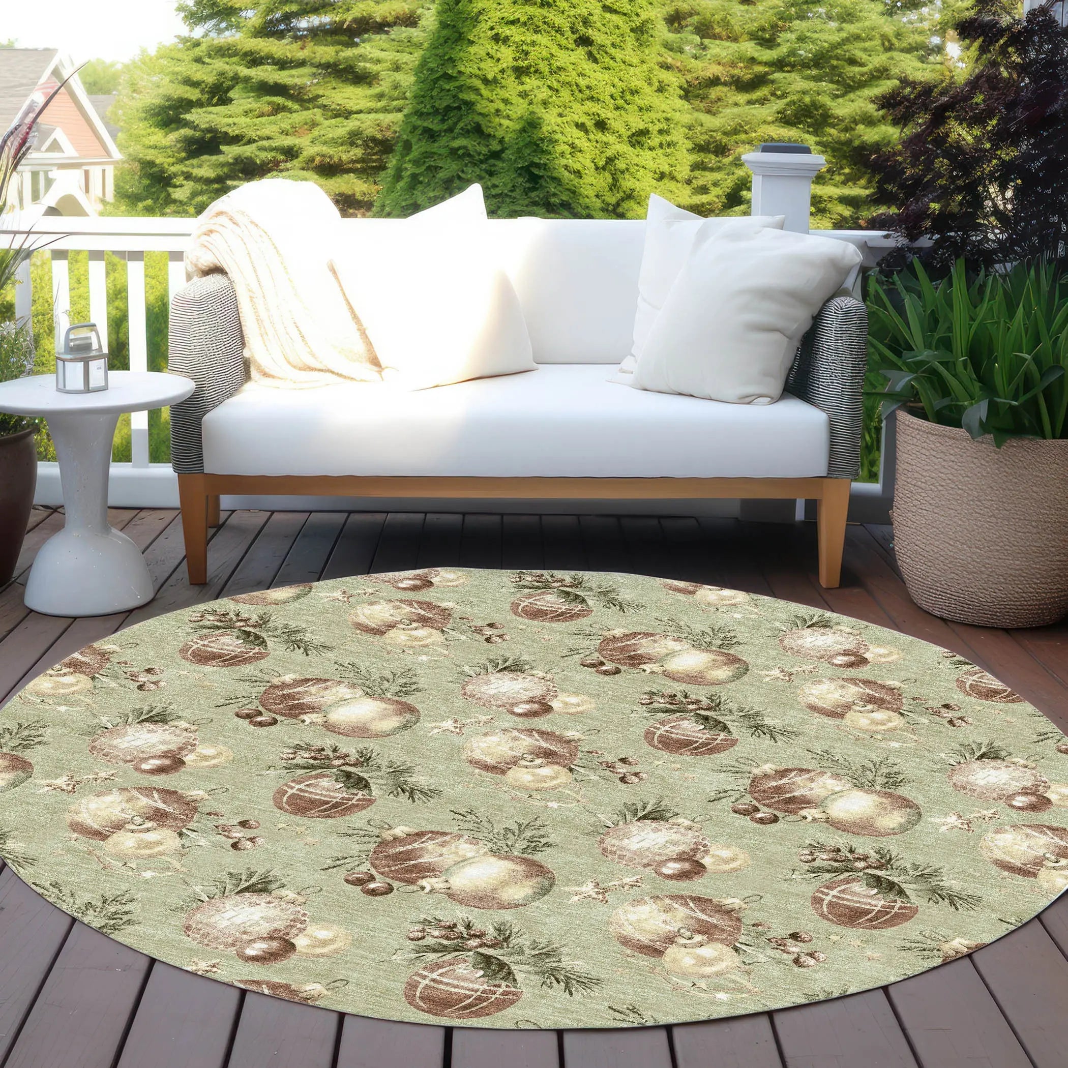 8' Artichoke Green Brown And Beige Round Stars Washable Indoor Outdoor Area Rug Homeroots Outdoor
