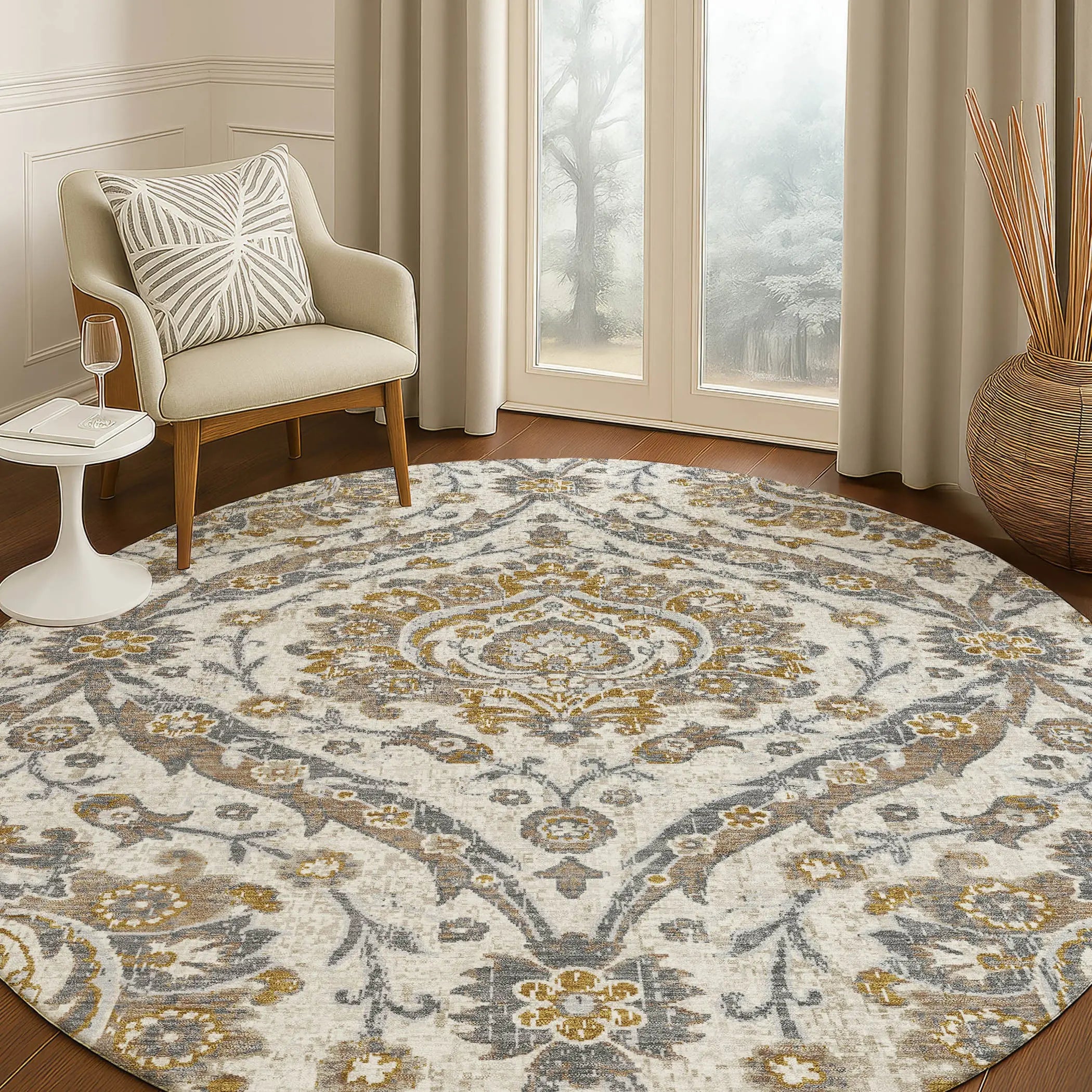 8' Beige And Blue Round Floral Washable Indoor Outdoor Area Rug Homeroots Outdoor