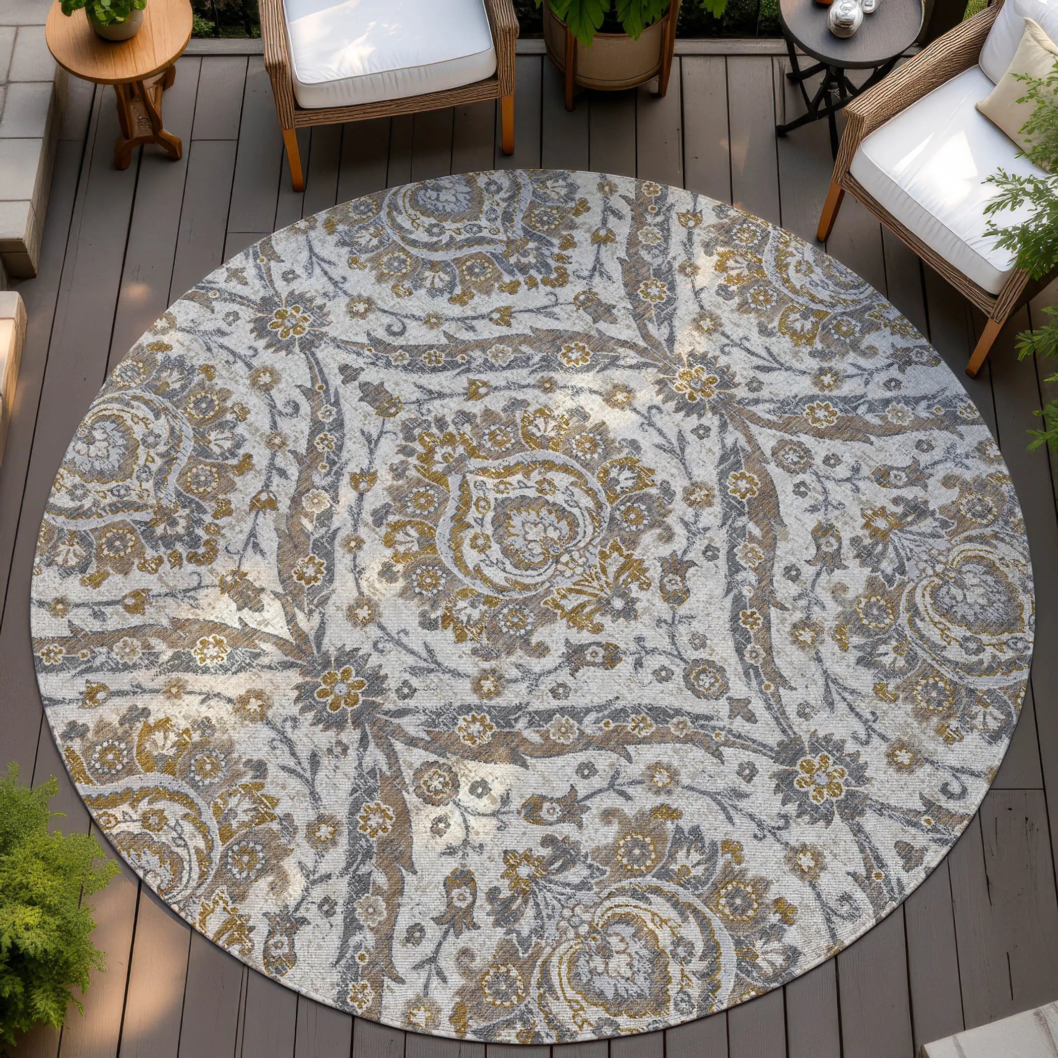 8' Beige And Blue Round Floral Washable Indoor Outdoor Area Rug Homeroots Outdoor