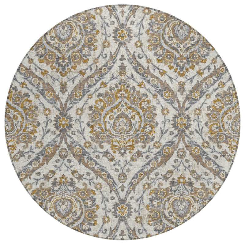 8' Beige And Blue Round Floral Washable Indoor Outdoor Area Rug Homeroots Outdoor