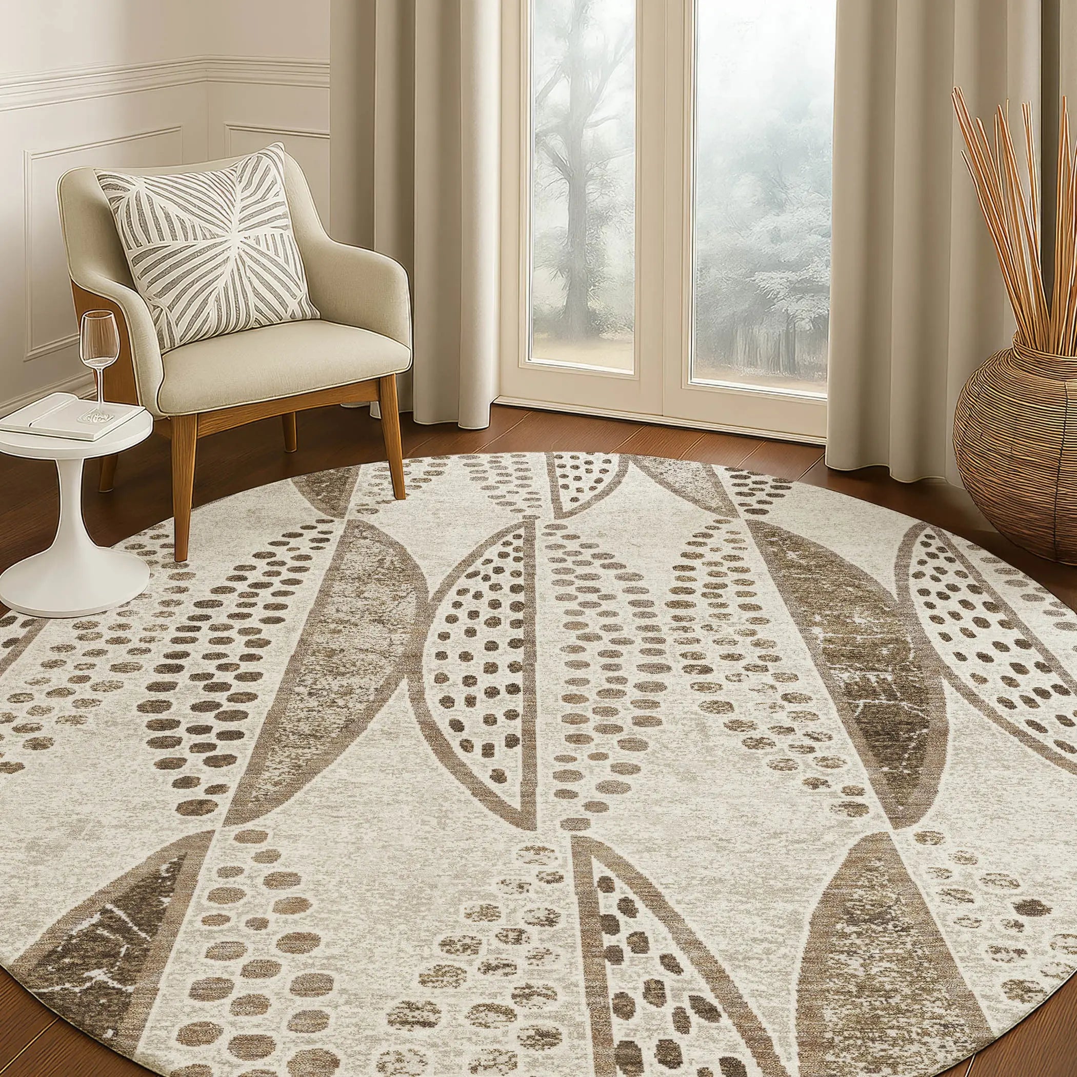 8' Beige And Blue Round Geometric Washable Indoor Outdoor Area Rug Homeroots Outdoor