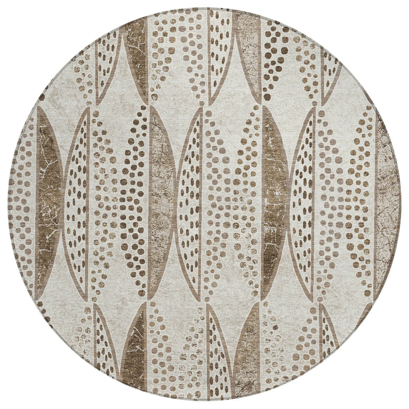 8' Beige And Blue Round Geometric Washable Indoor Outdoor Area Rug Homeroots Outdoor