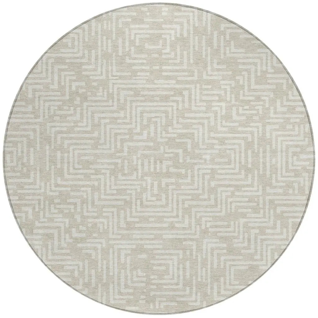 8' Beige And Blue Round Geometric Washable Indoor Outdoor Area Rug Homeroots Outdoor
