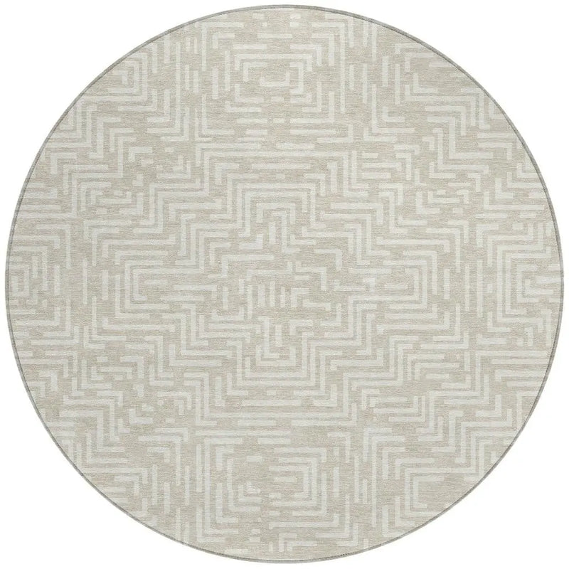 8' Beige And Blue Round Geometric Washable Indoor Outdoor Area Rug Homeroots Outdoor