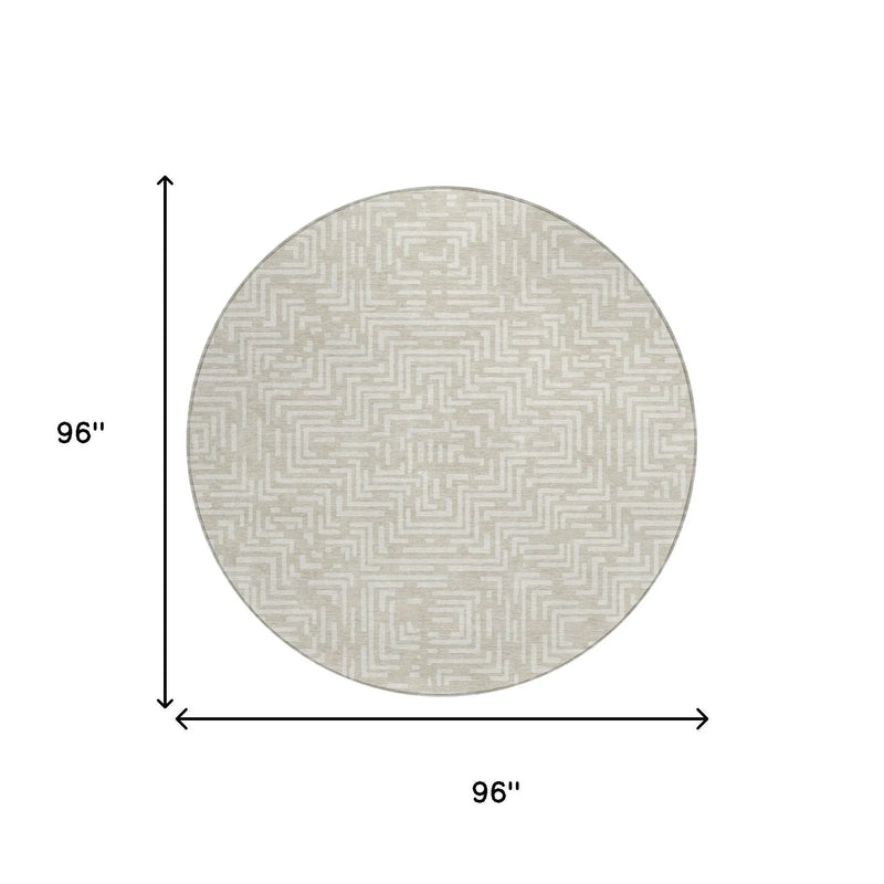 8' Beige And Blue Round Geometric Washable Indoor Outdoor Area Rug Homeroots Outdoor