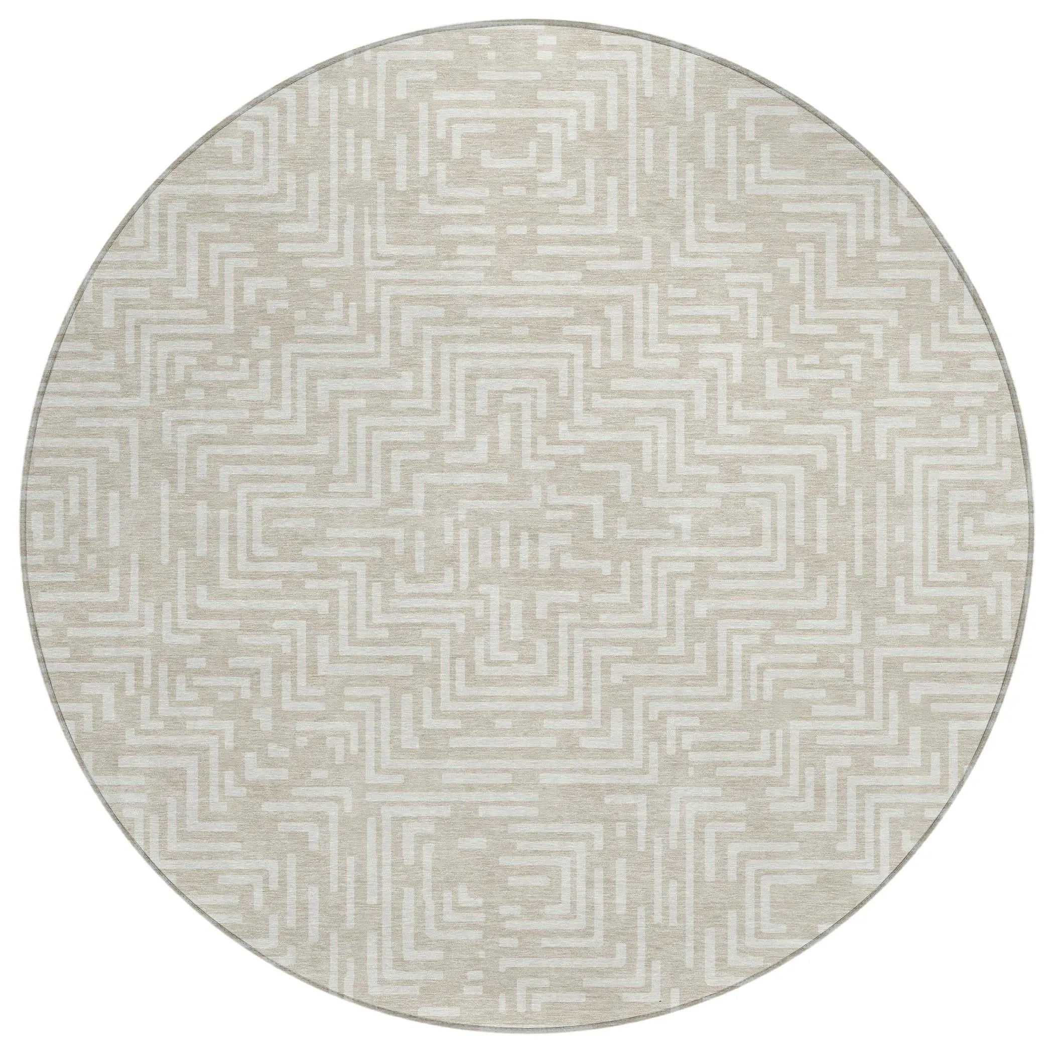 8' Beige And Blue Round Geometric Washable Indoor Outdoor Area Rug Homeroots Outdoor