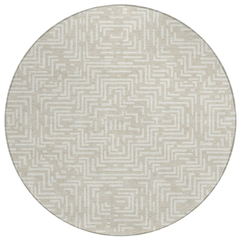 8' Beige And Blue Round Geometric Washable Indoor Outdoor Area Rug Homeroots Outdoor