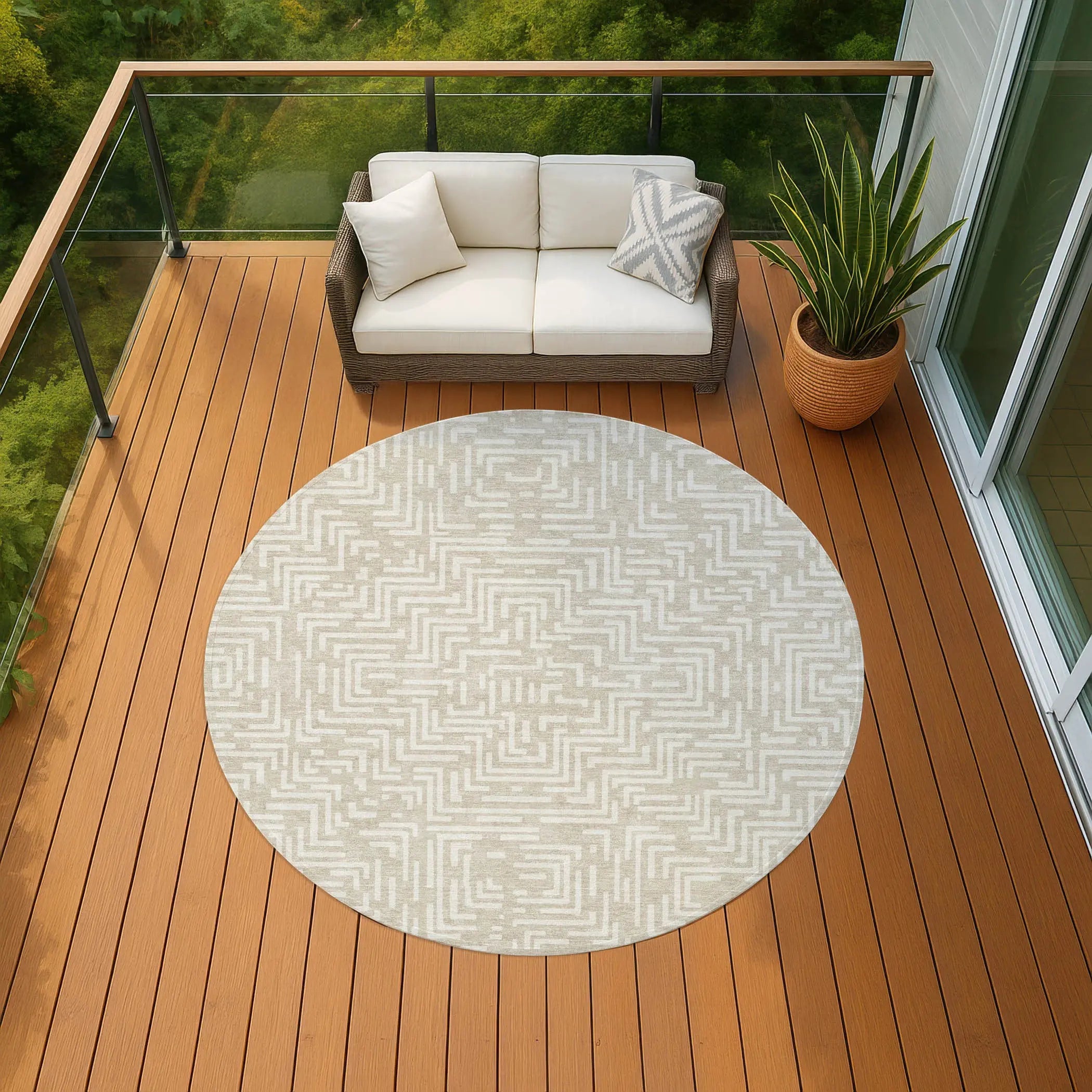 8' Beige And Blue Round Geometric Washable Indoor Outdoor Area Rug Homeroots Outdoor