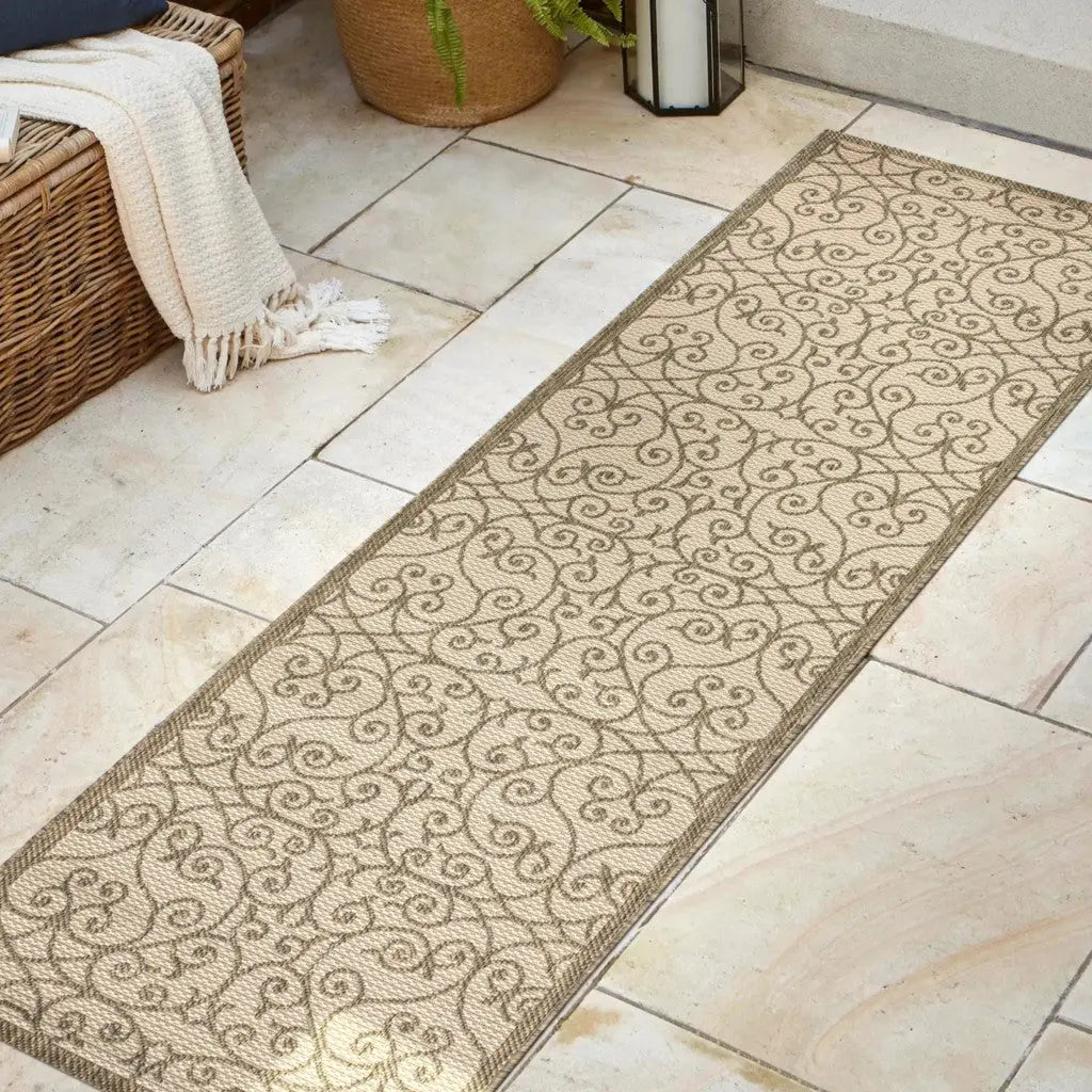 8' Beige And Brown Geometric Indoor Outdoor Runner Rug Homeroots Outdoor
