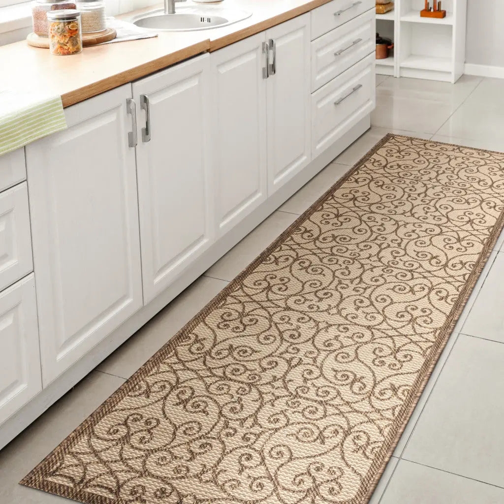 8' Beige And Brown Geometric Indoor Outdoor Runner Rug Homeroots Outdoor