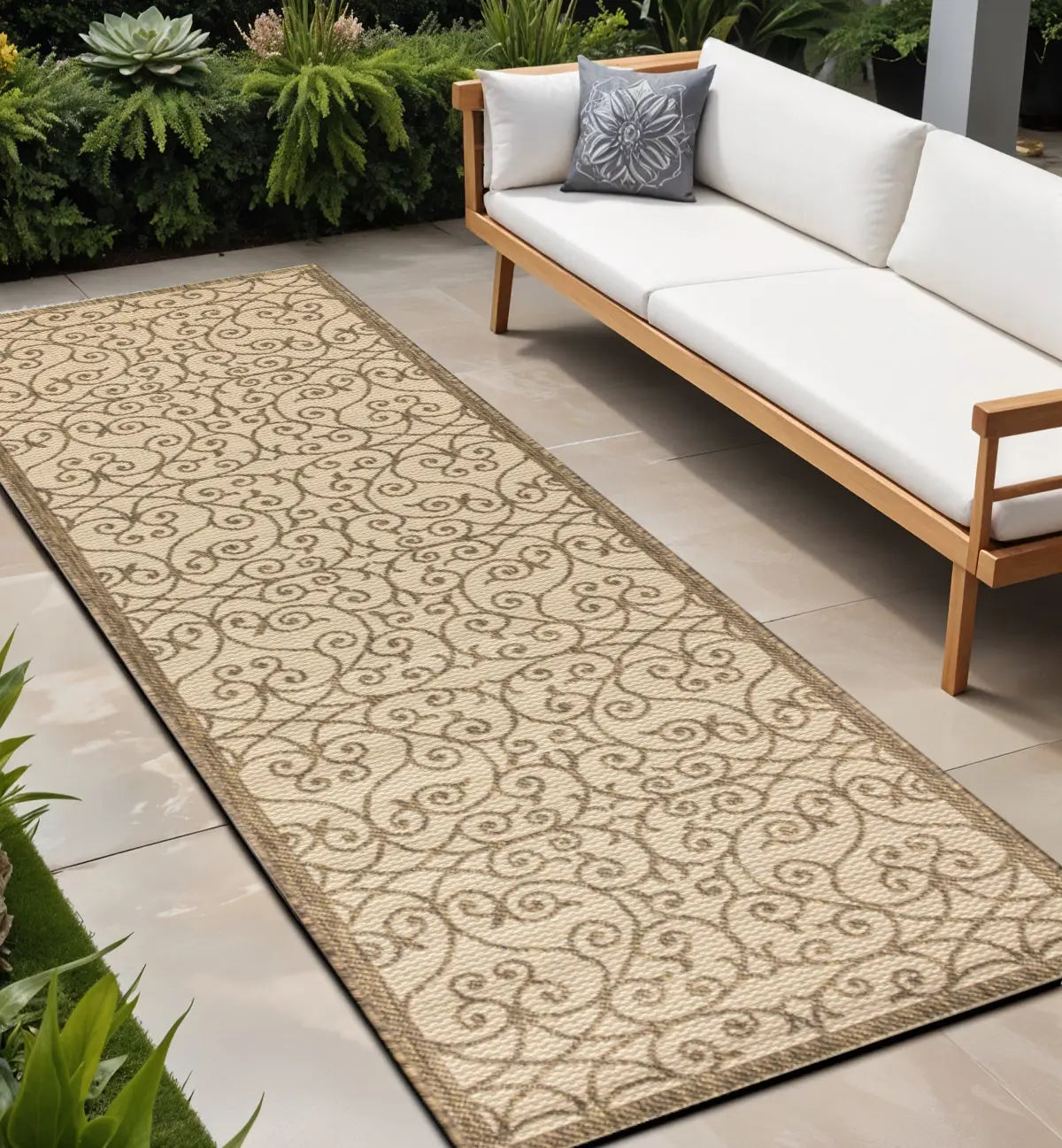 8' Beige And Brown Geometric Indoor Outdoor Runner Rug Homeroots Outdoor