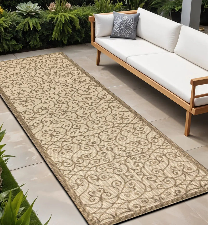 8' Beige And Brown Geometric Indoor Outdoor Runner Rug Homeroots Outdoor