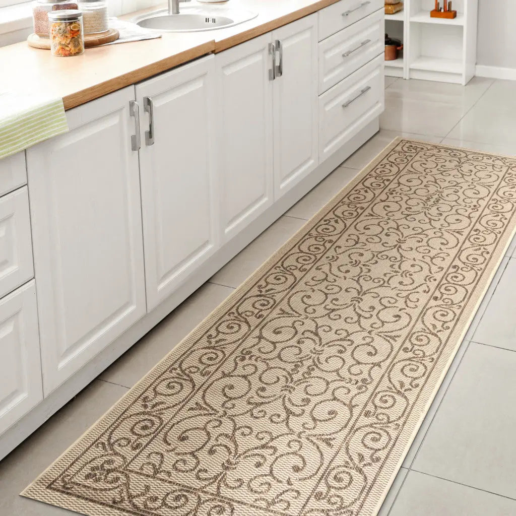 8' Beige And Brown Medallion Indoor Outdoor Runner Rug Homeroots Outdoor