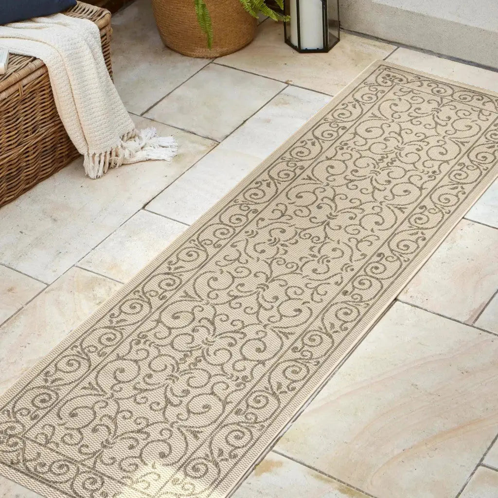 8' Beige And Brown Medallion Indoor Outdoor Runner Rug Homeroots Outdoor