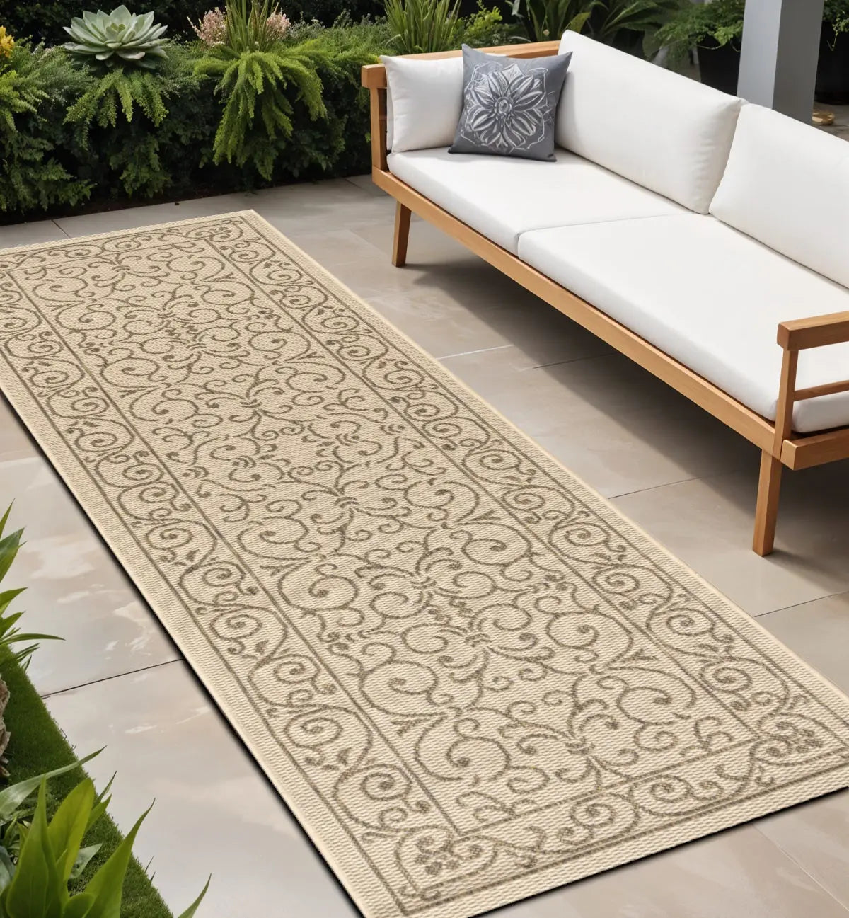 8' Beige And Brown Medallion Indoor Outdoor Runner Rug Homeroots Outdoor