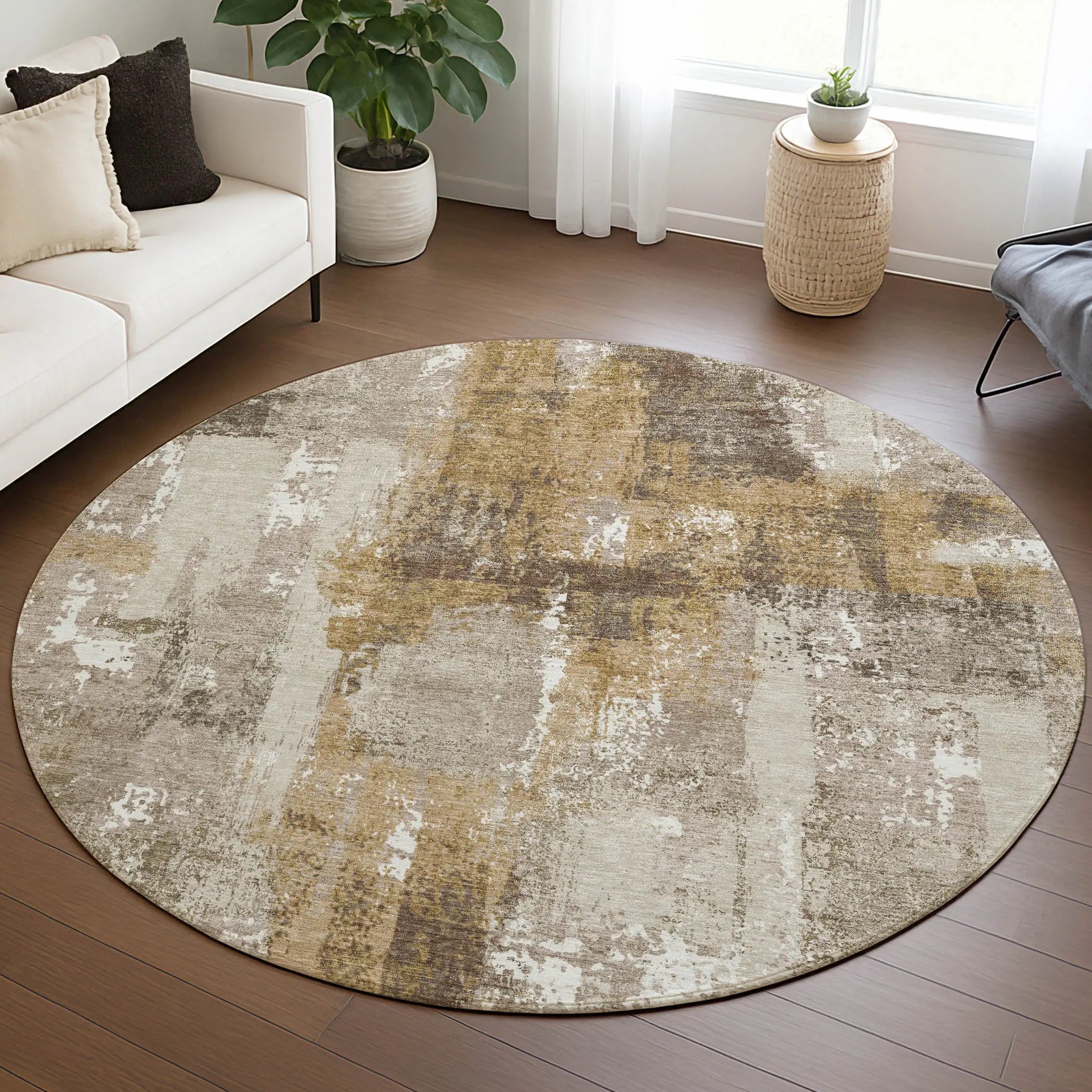 8' Beige And Brown Round Abstract Washable Indoor Outdoor Area Rug Homeroots Outdoor