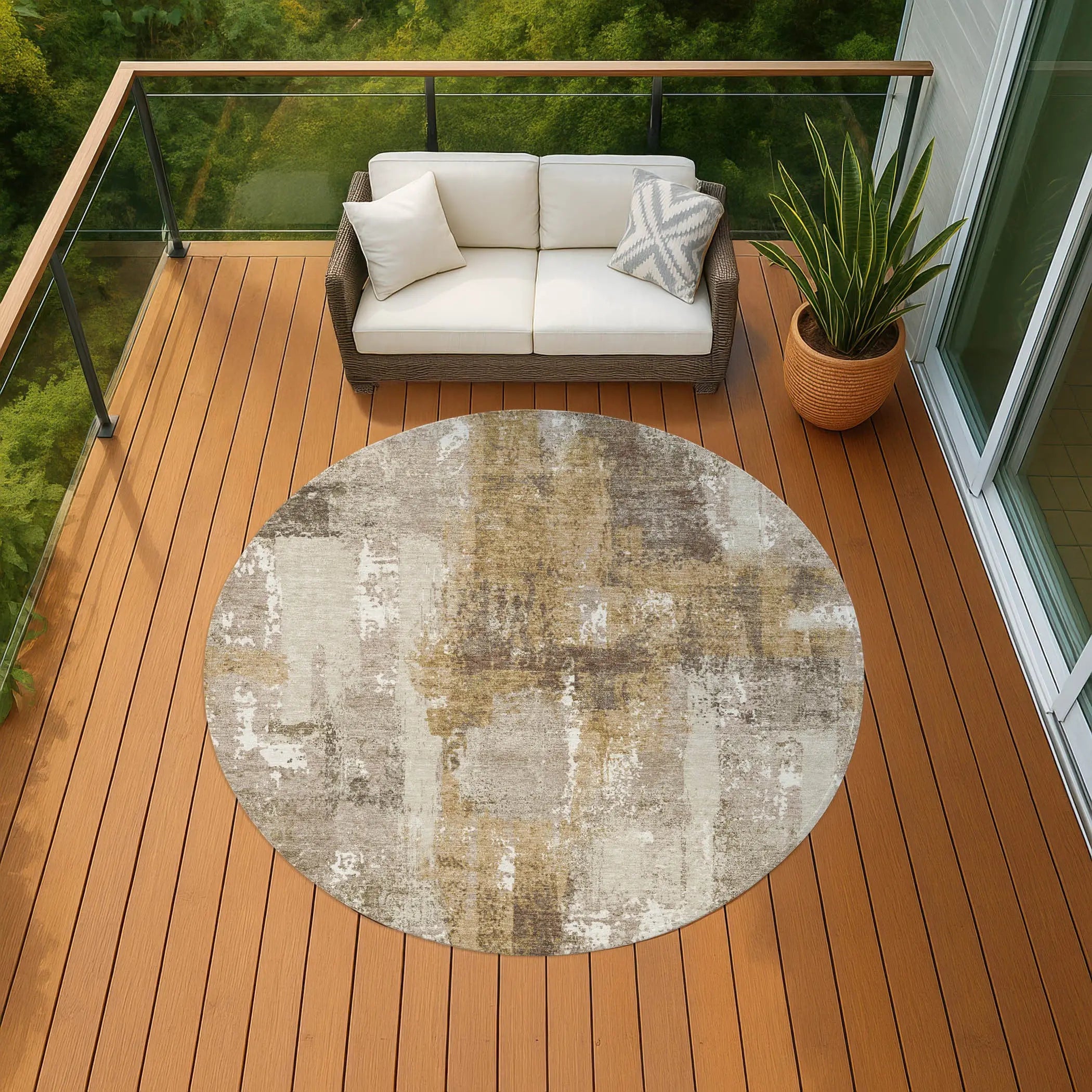 8' Beige And Brown Round Abstract Washable Indoor Outdoor Area Rug Homeroots Outdoor