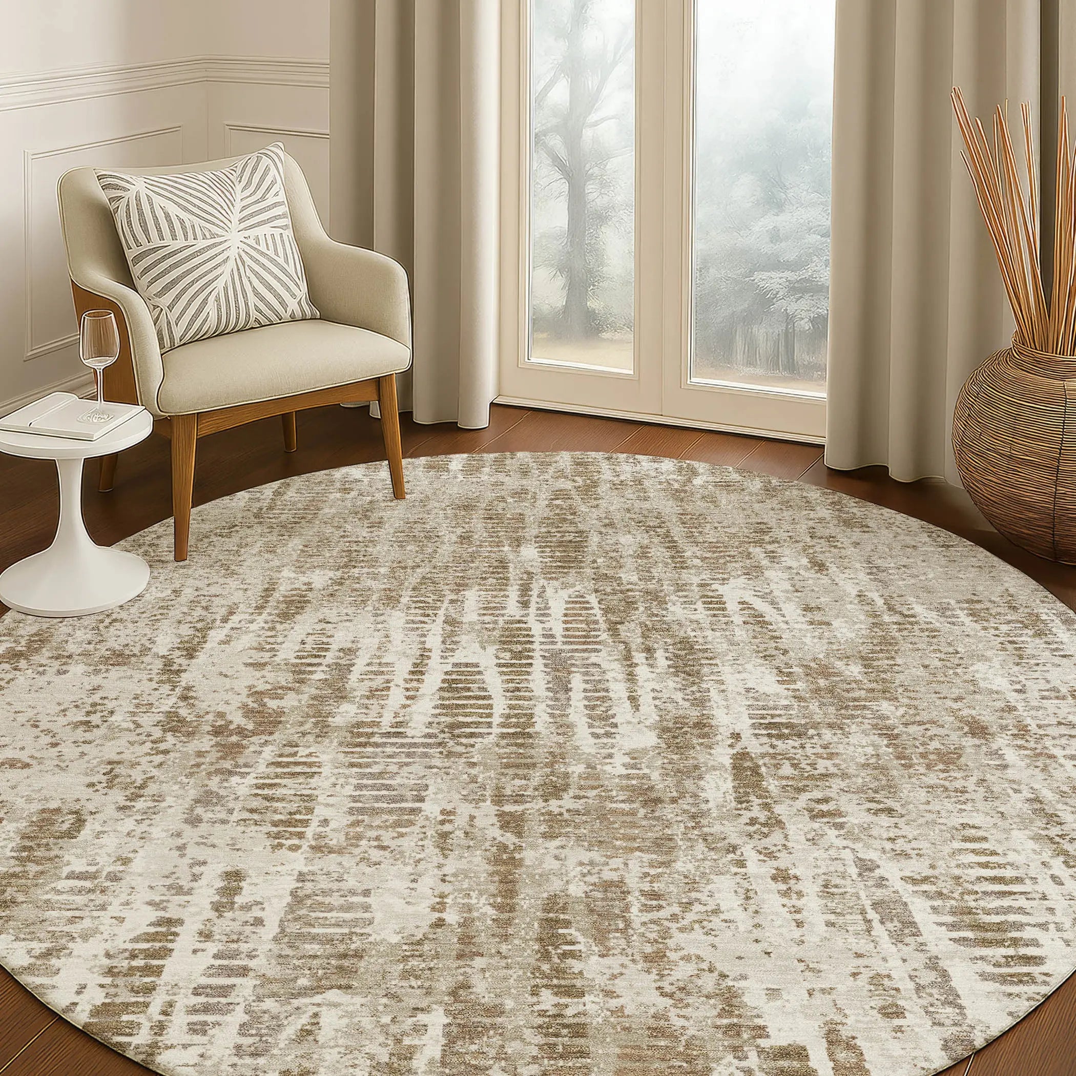 8' Beige And Brown Round Abstract Washable Indoor Outdoor Area Rug Homeroots Outdoor