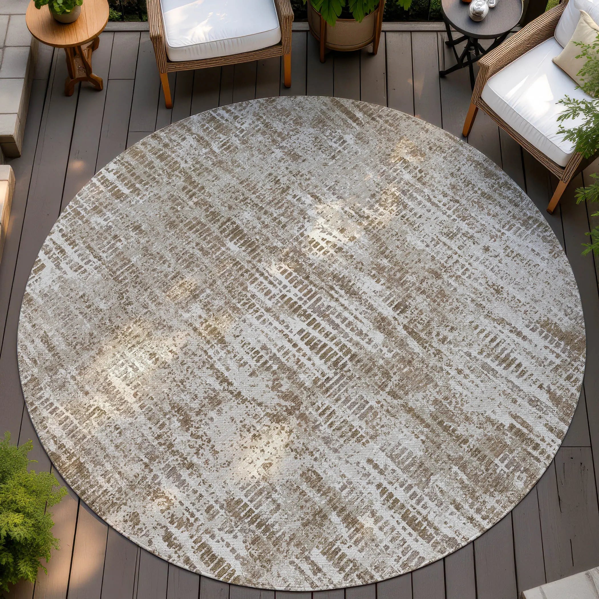 8' Beige And Brown Round Abstract Washable Indoor Outdoor Area Rug Homeroots Outdoor