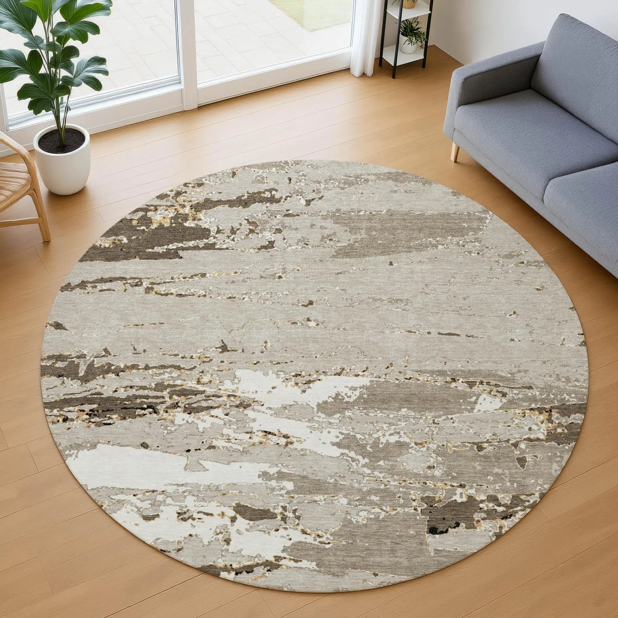 8' Beige And Brown Round Abstract Washable Indoor Outdoor Area Rug Homeroots Outdoor