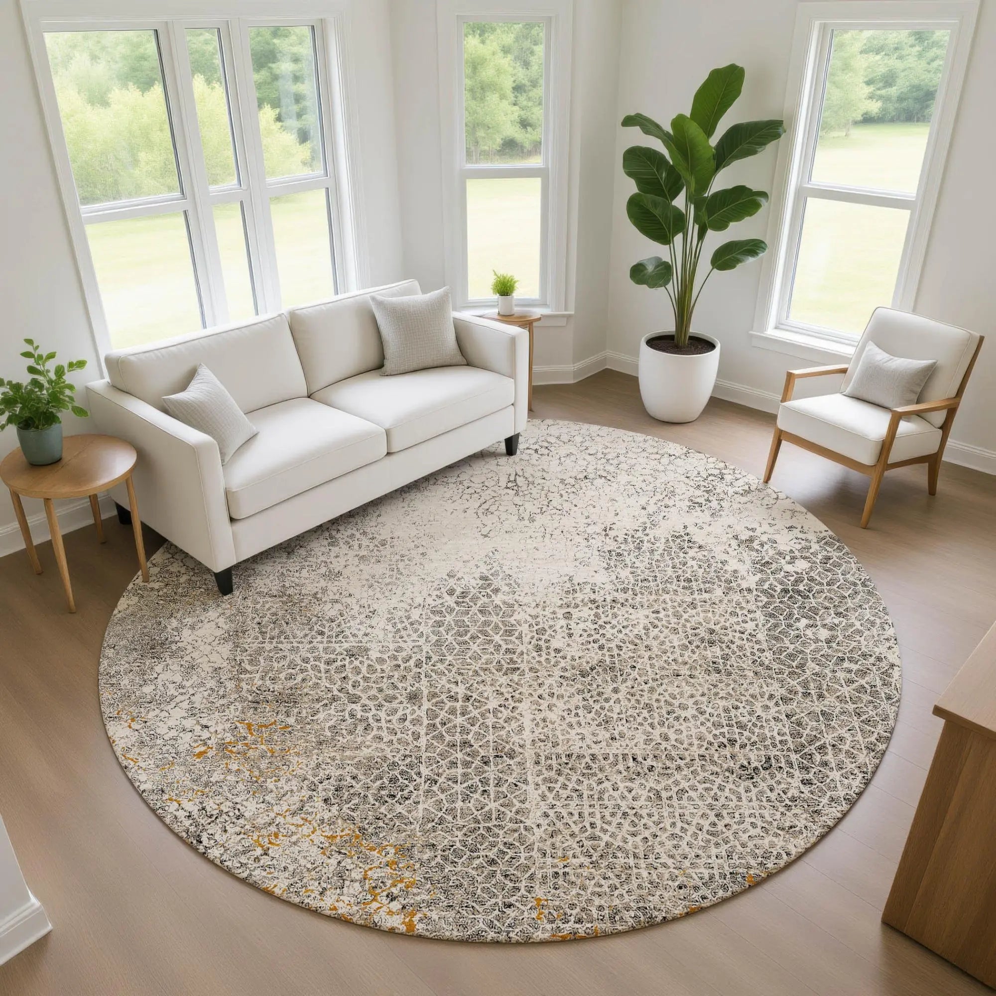 8' Beige And Brown Round Abstract Washable Indoor Outdoor Area Rug Homeroots Outdoor