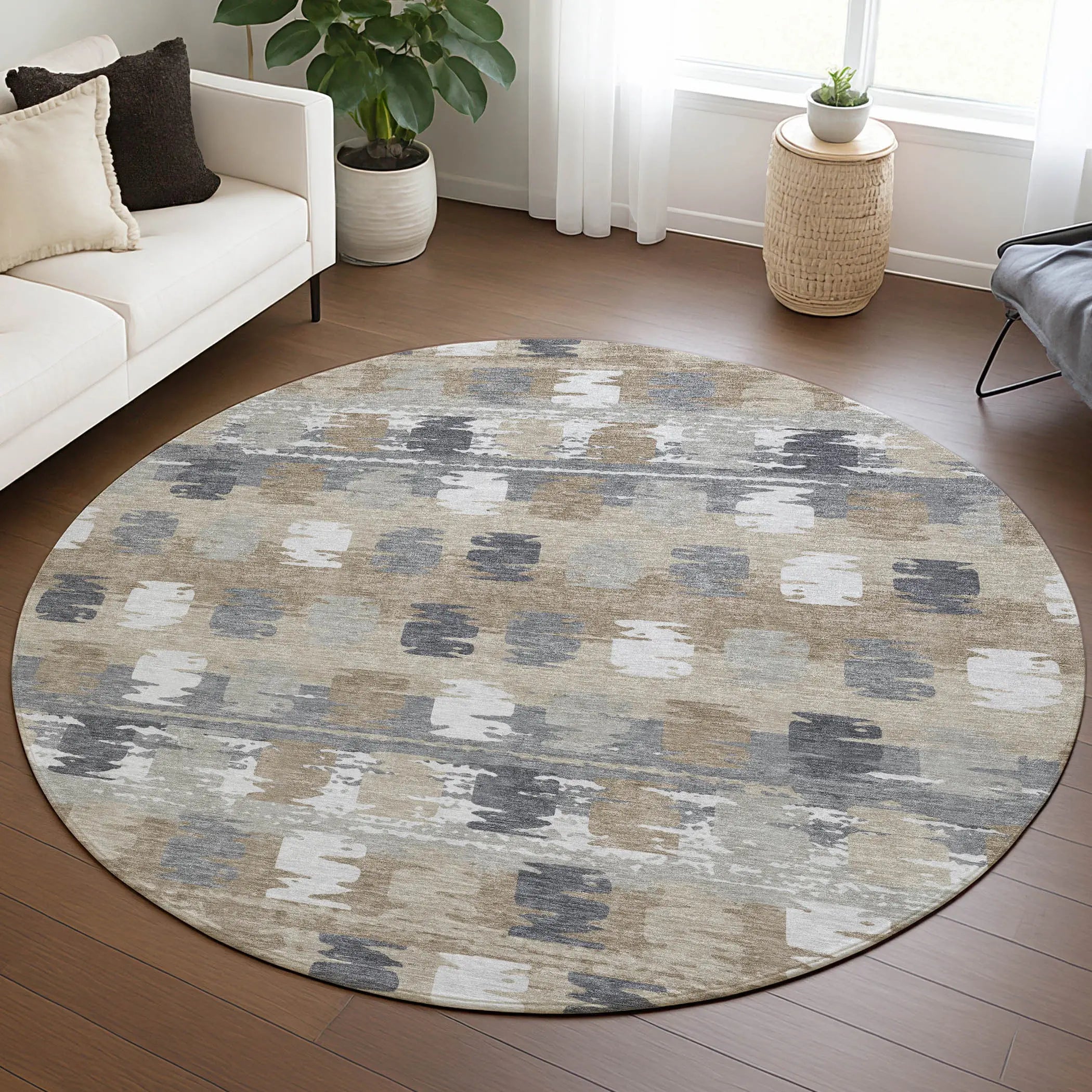 8' Beige And Brown Round Abstract Washable Indoor Outdoor Area Rug Homeroots Outdoor