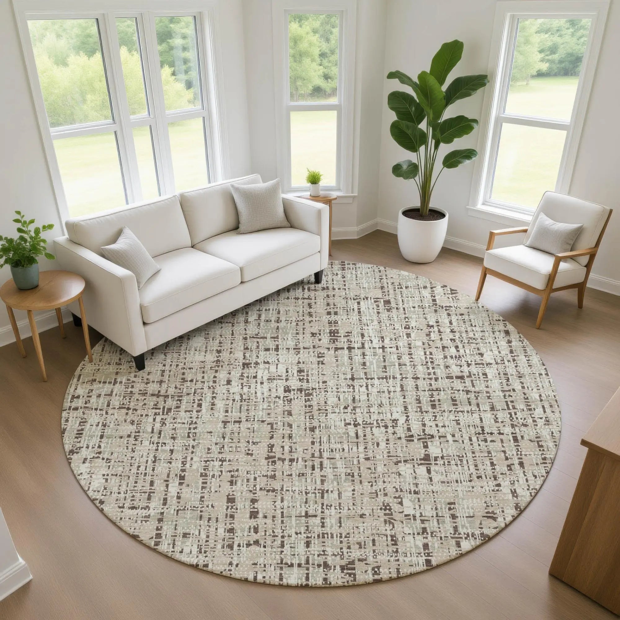 8' Beige And Brown Round Abstract Washable Indoor Outdoor Area Rug Homeroots Outdoor